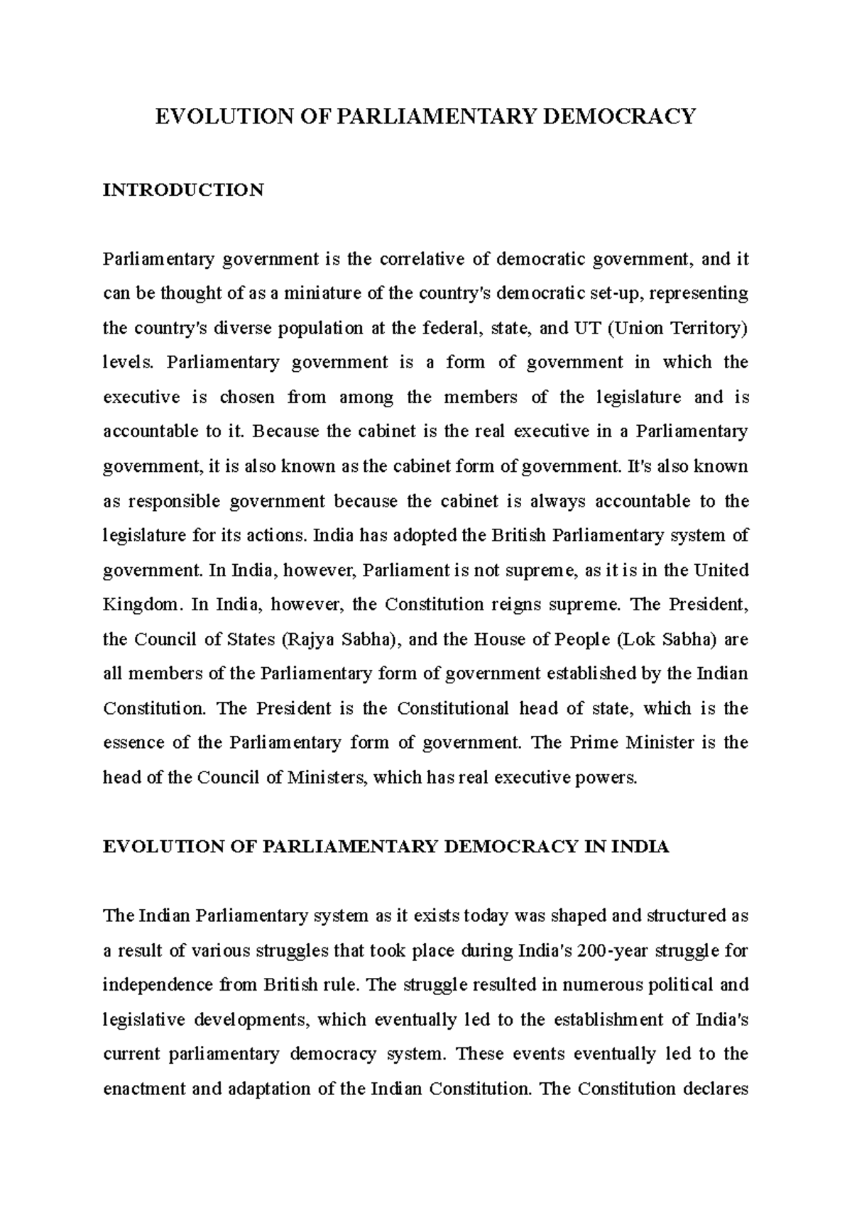 Evolution OF Parliamentary Democracy - EVOLUTION OF PARLIAMENTARY ...