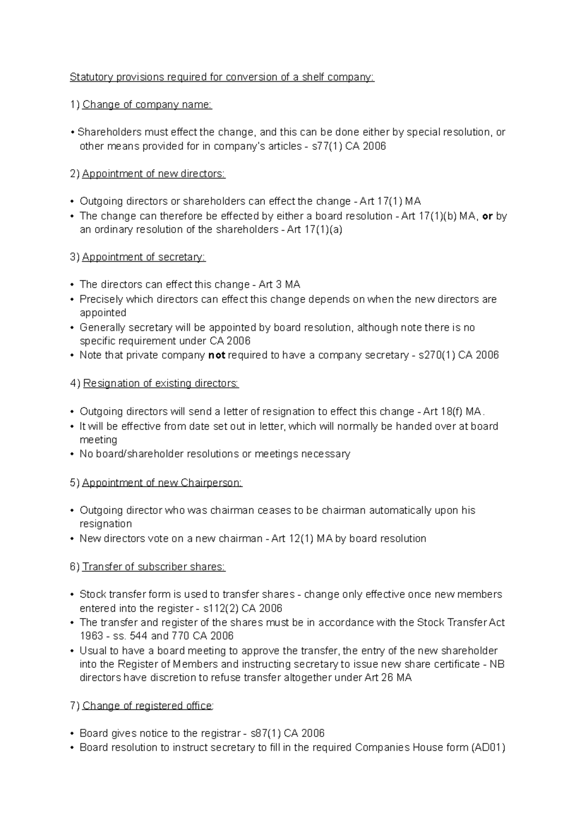 Conversion of a shelf company Statutory provisions required for