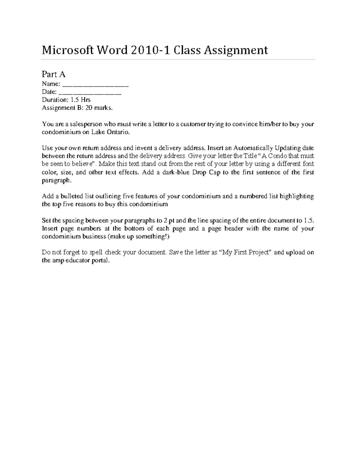 MS Word Level 1 Assignment+1 - Microsoft Word 2010-1 Class Assignment ...
