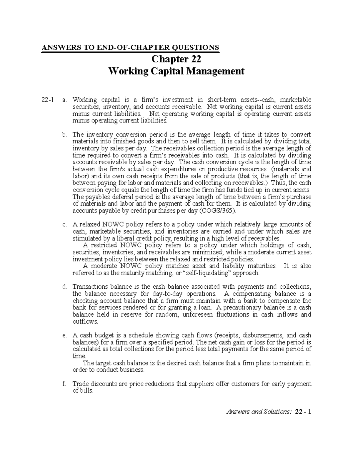 FM11 Ch 22 Instructors Manual - Chapter 22 Working Capital Management ...