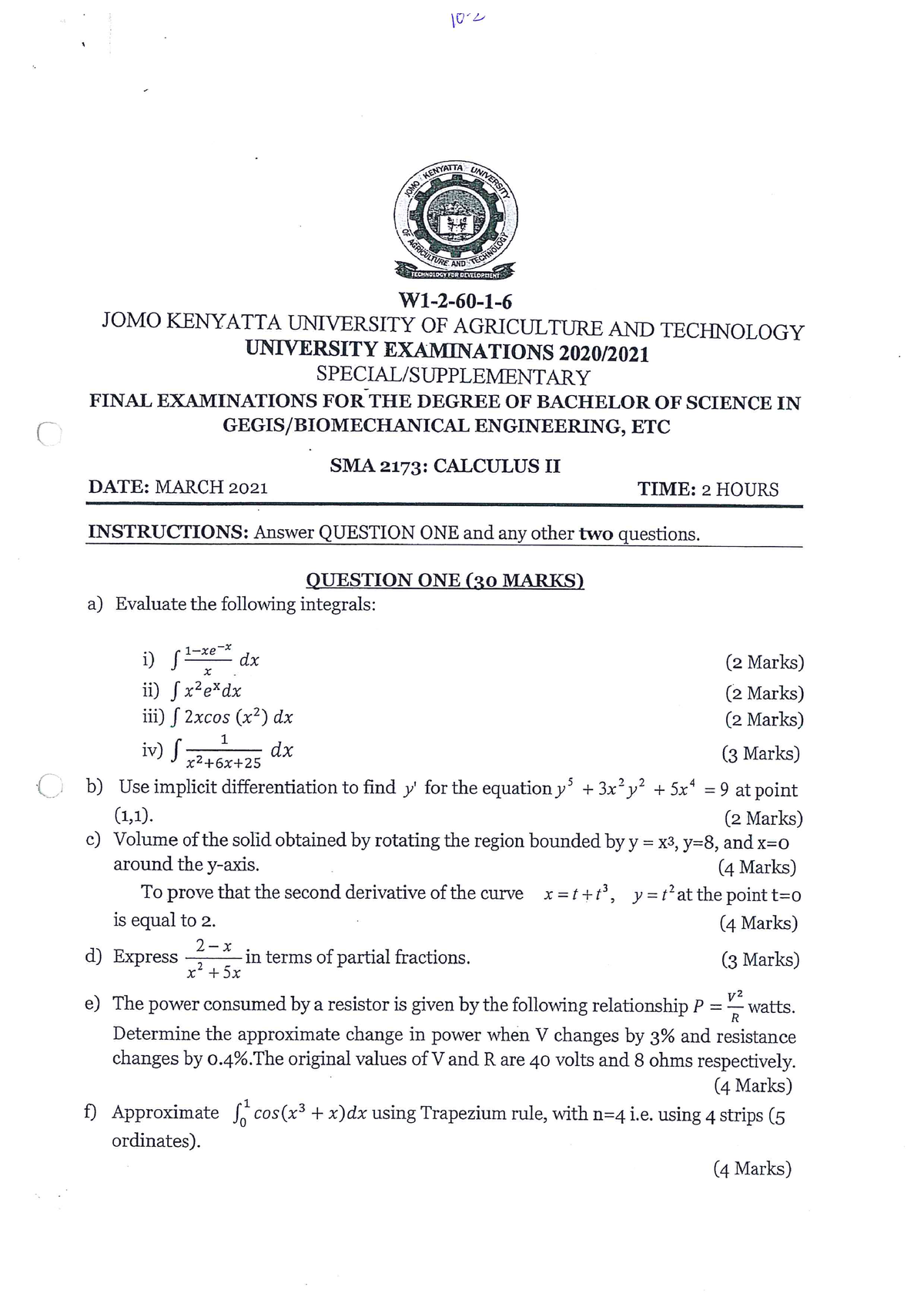 SMA 2173 Calculus 2 - Mechatronics Engineering - Studocu