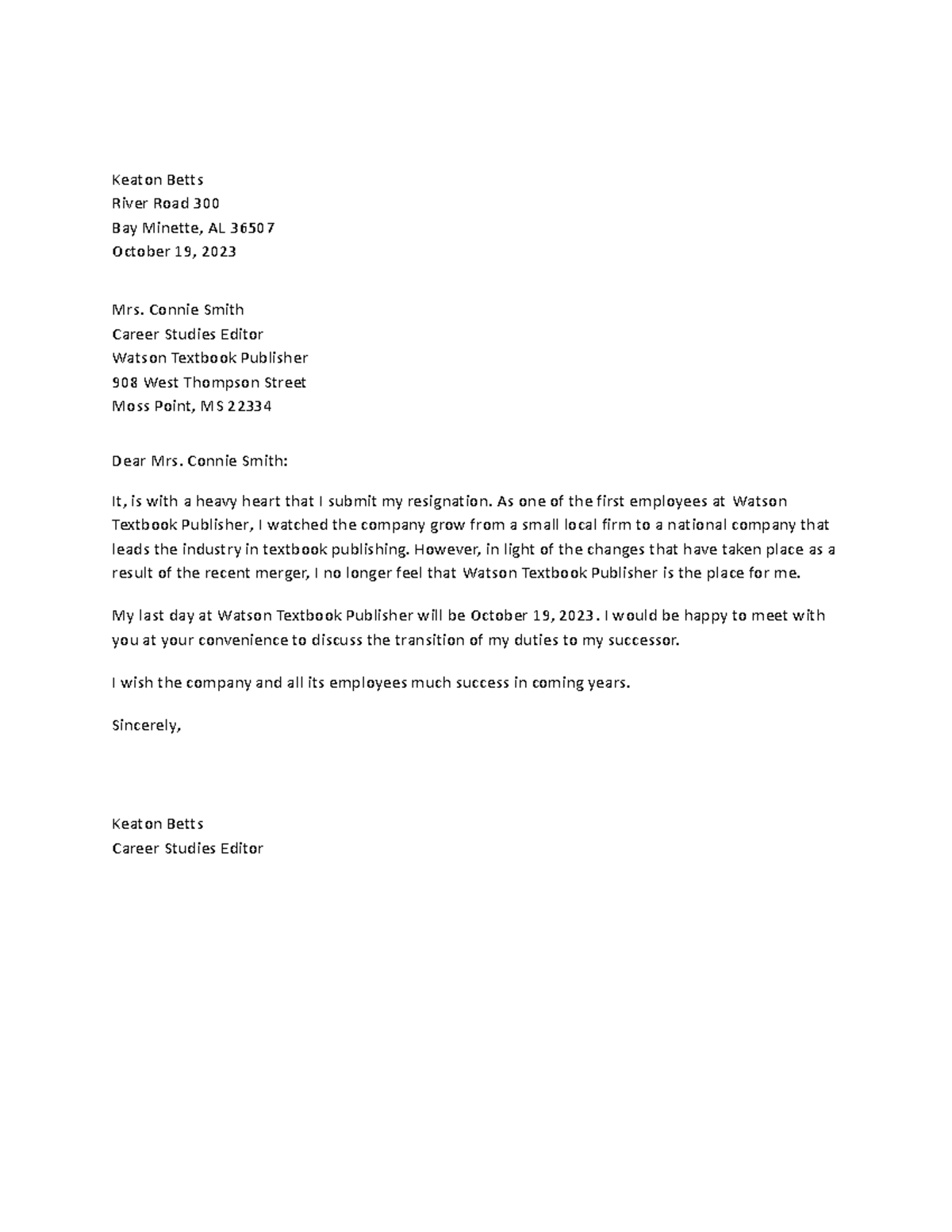 Ehankins business letter test - Keaton Betts River Road 300 Bay Minette ...