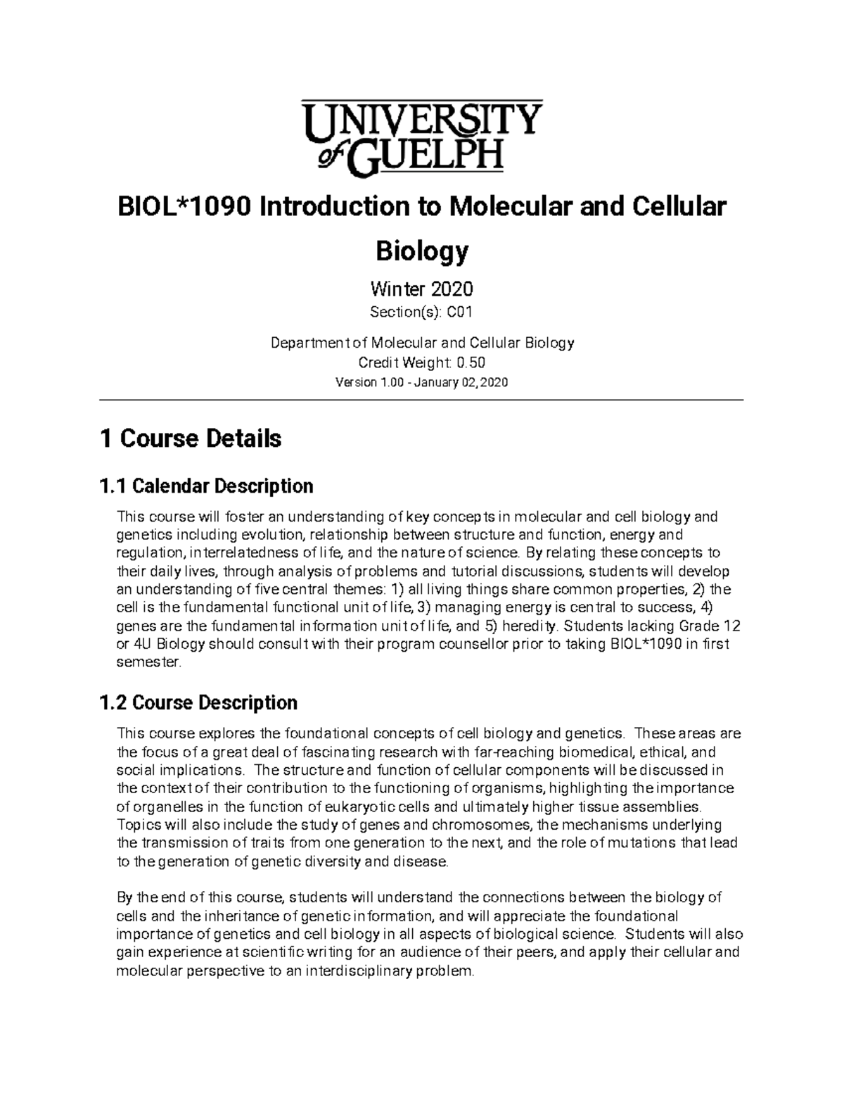 BIOL1090 Outline W20 - BIOL*1090 Introduction to Molecular and Cellular ...