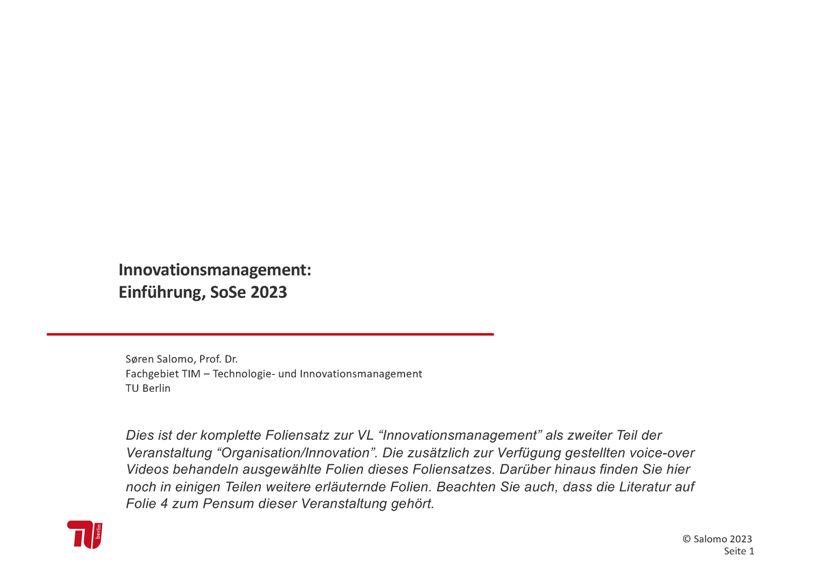 Innovation - © Salomo 2023 Innovationsmanagement: Einführung, SoSe 2023 ...