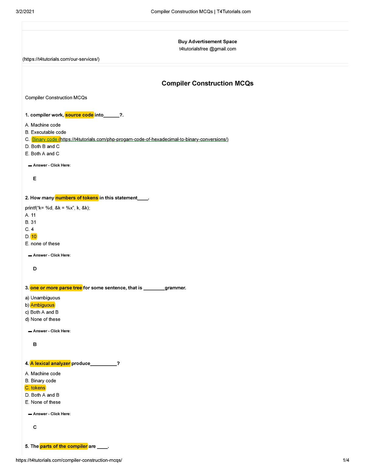 Compiler Construction MCQs T4Tutorials - 3/2/2021 Compiler Construction ...