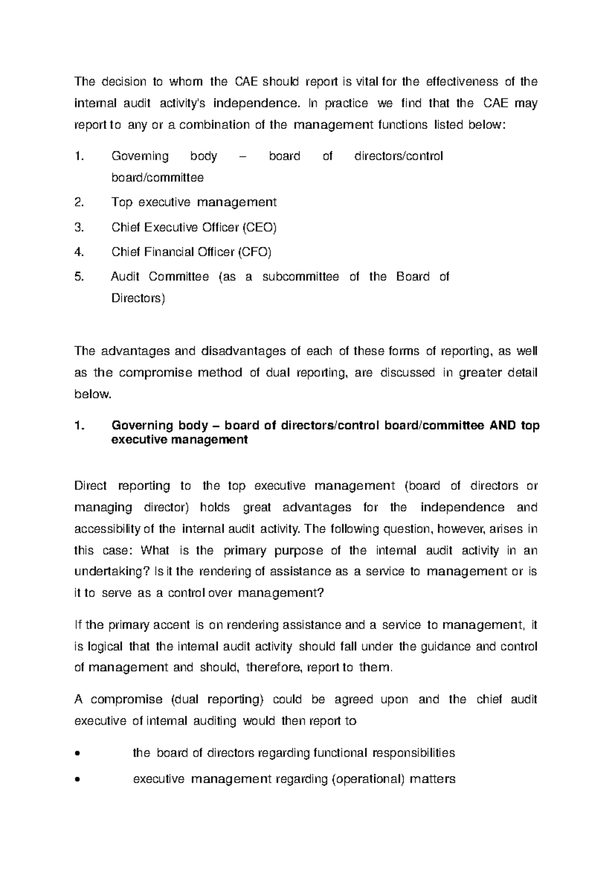 AUI2601 Advantages and disadvantages of possible reporting lines for ...