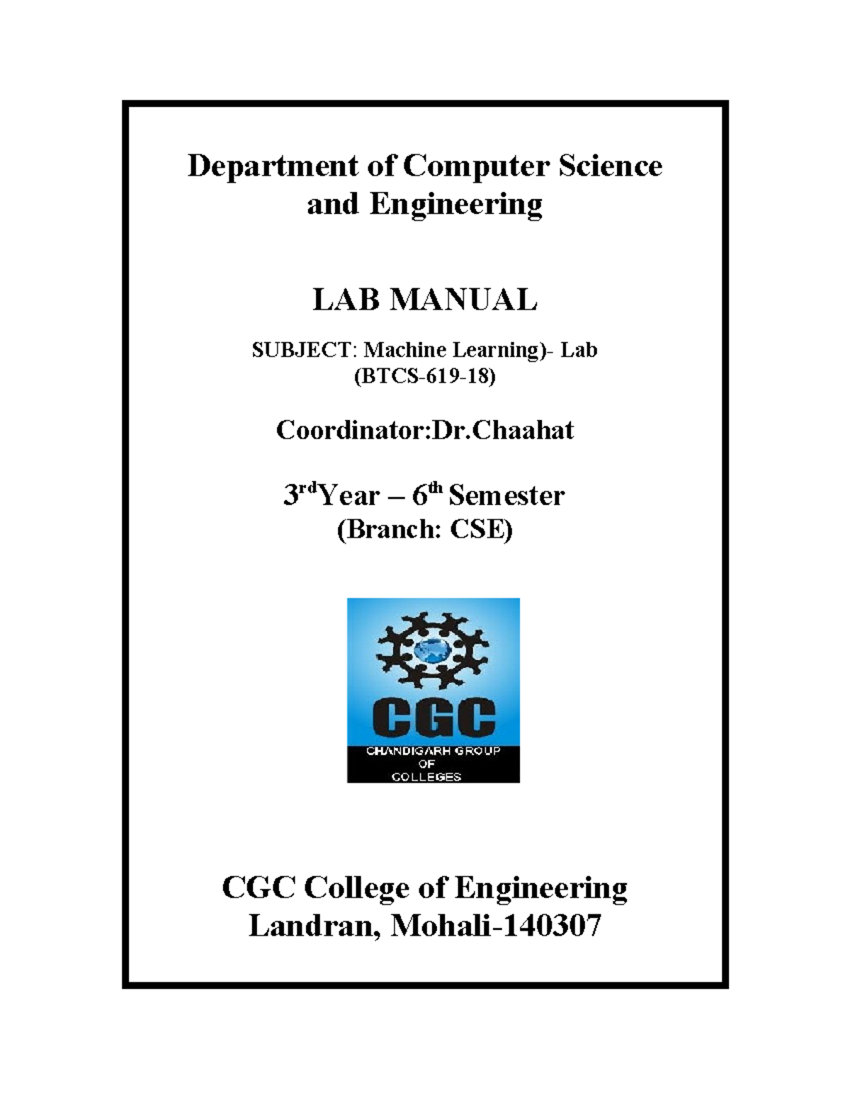 Machine Learning Lab Manual Department of Computer Science and