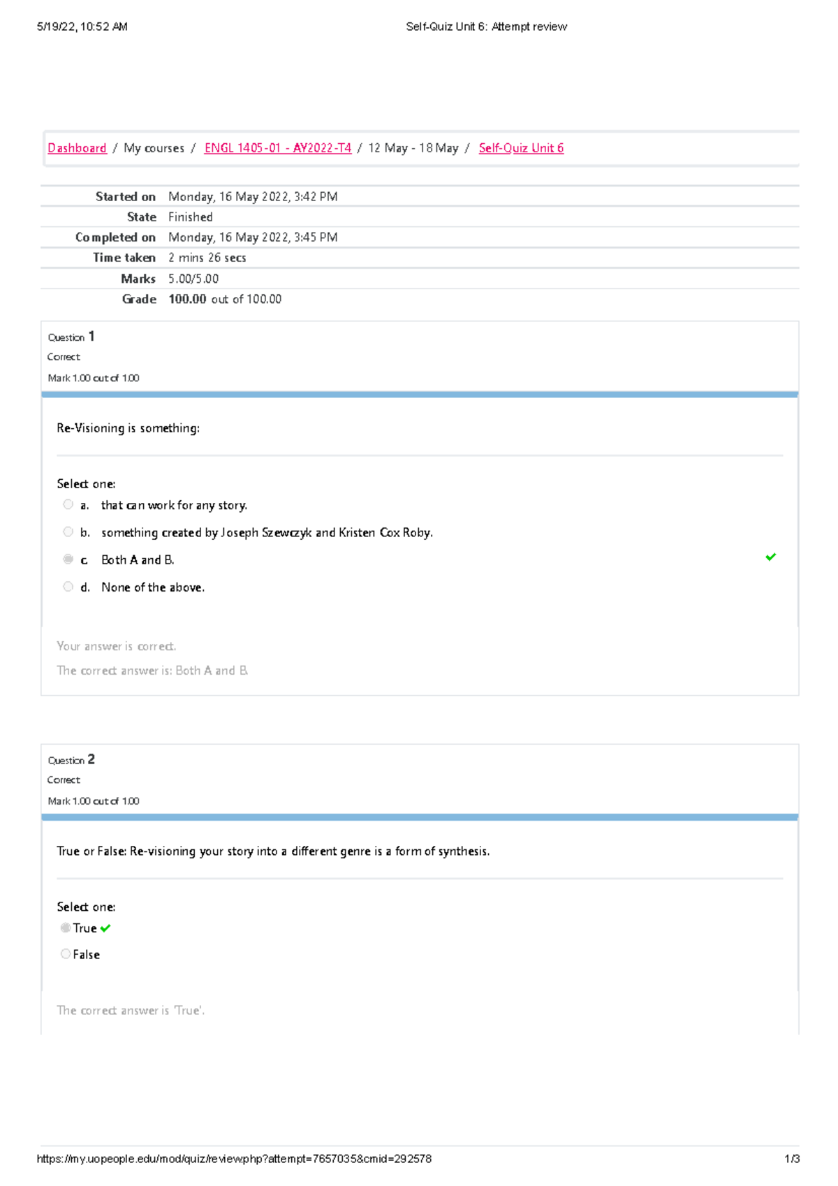 Self-Quiz Unit 6 Attempt Review - 5/19/22, 10:52 AM Self-Quiz Unit 6 ...