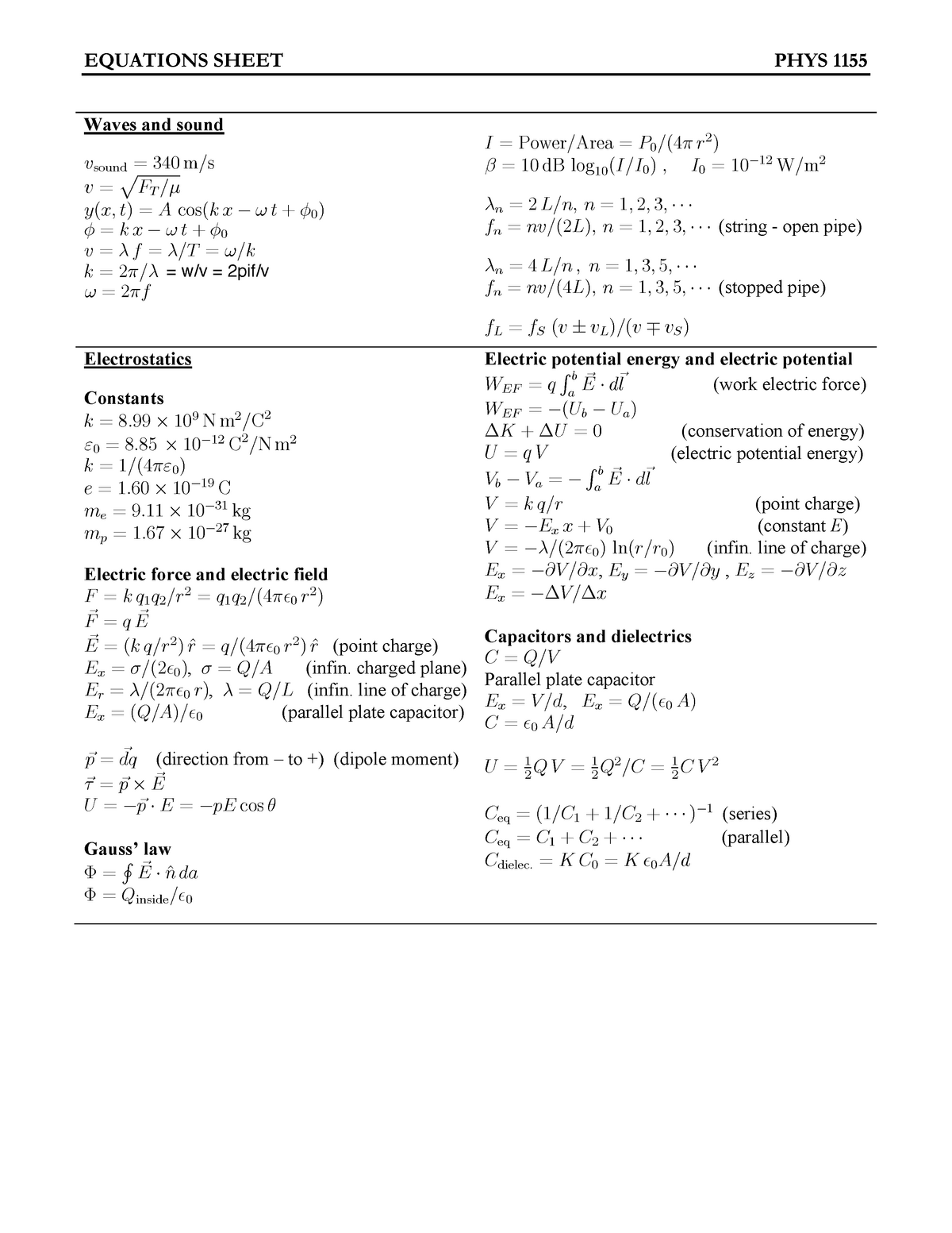Equations Sheet Phys 1155 Studeersnel