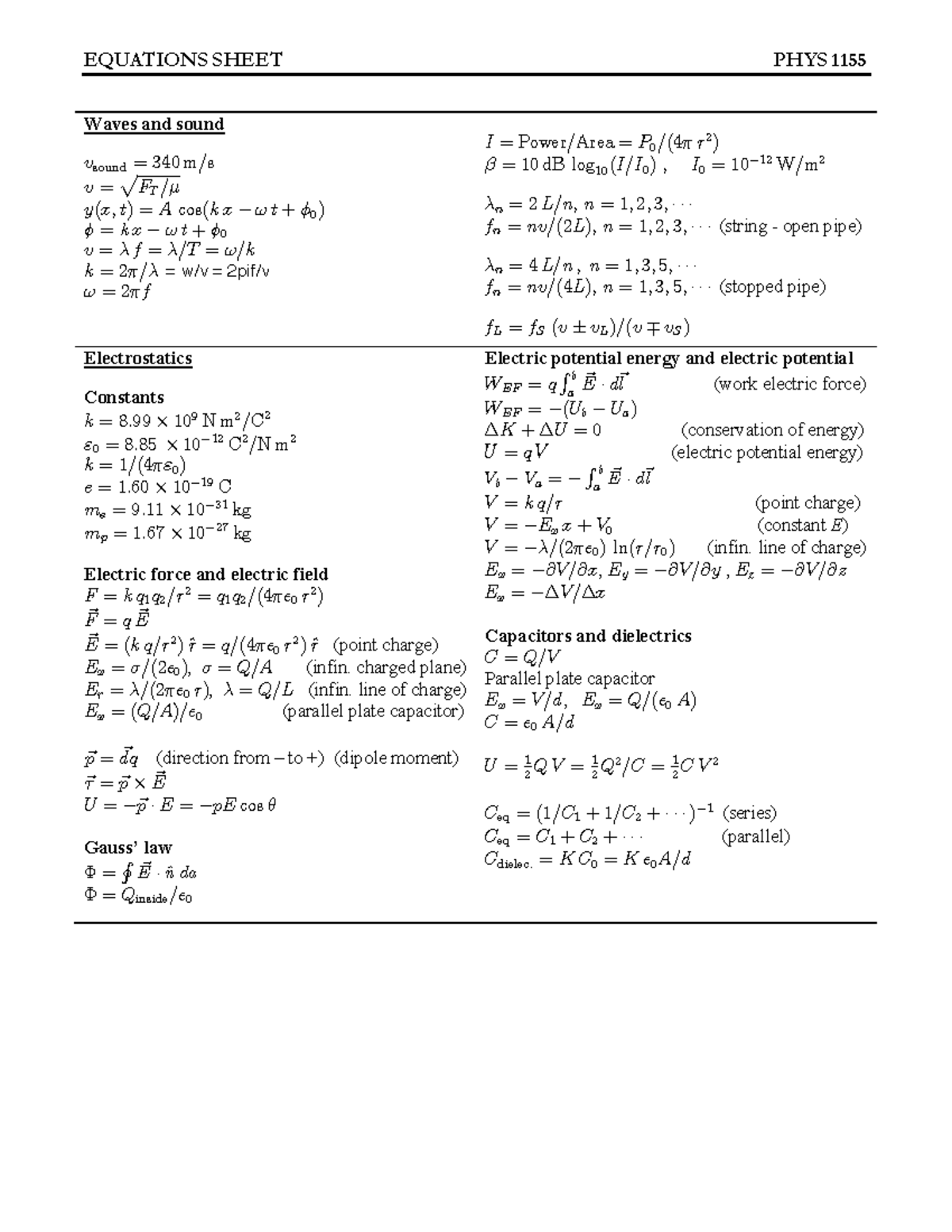 Equations Sheet Phys 1155 Studeersnel