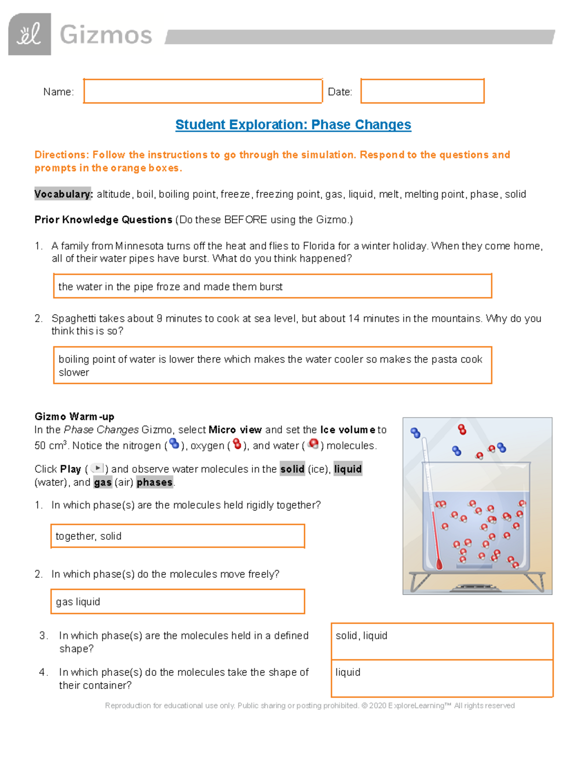 Copy Of Phase Changes SE - Name: Date: Student Exploration: Phase ...