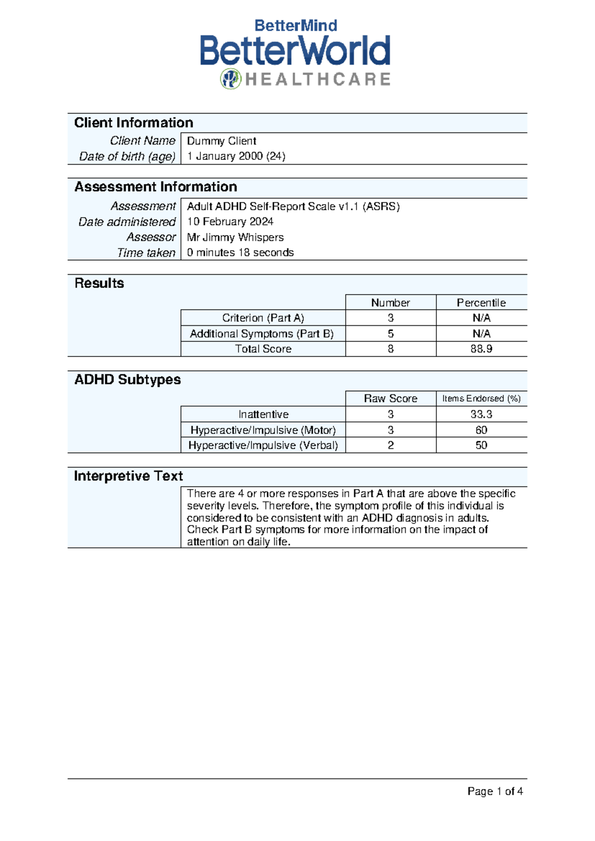 Adult ADHD Self Report Scale v1 - Client Information Client Name Dummy ...