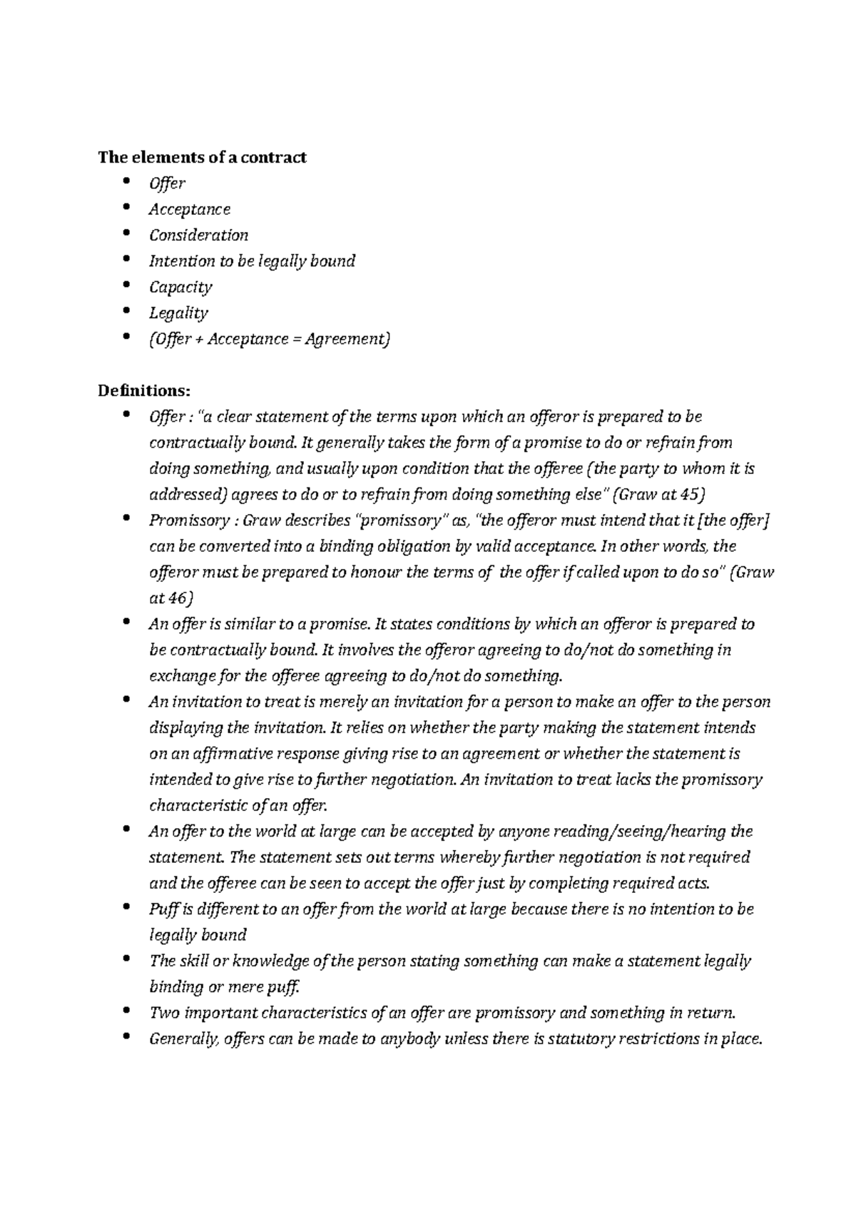 contract law notes - The elements of a contract Offer Acceptance ...