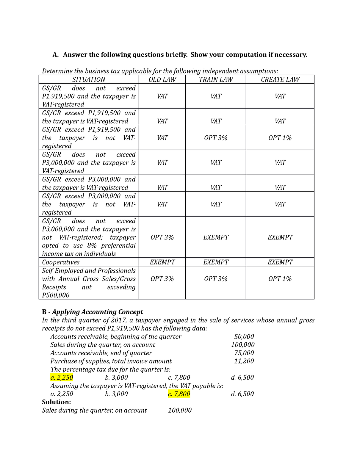 Tax pt.1 act A sample of questions and answers with regard to