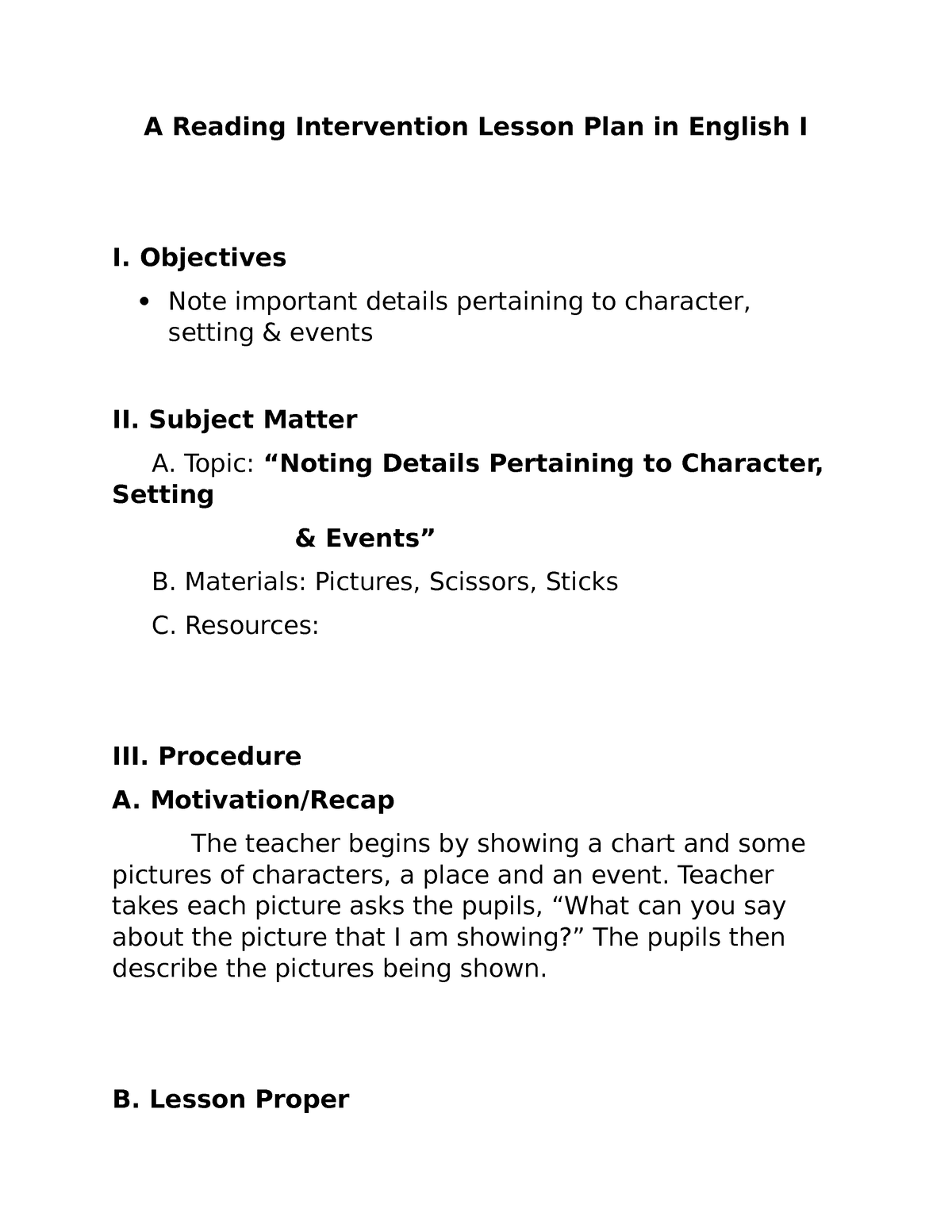 A Reading Intervention Lesson Plan in English I Objectives Note