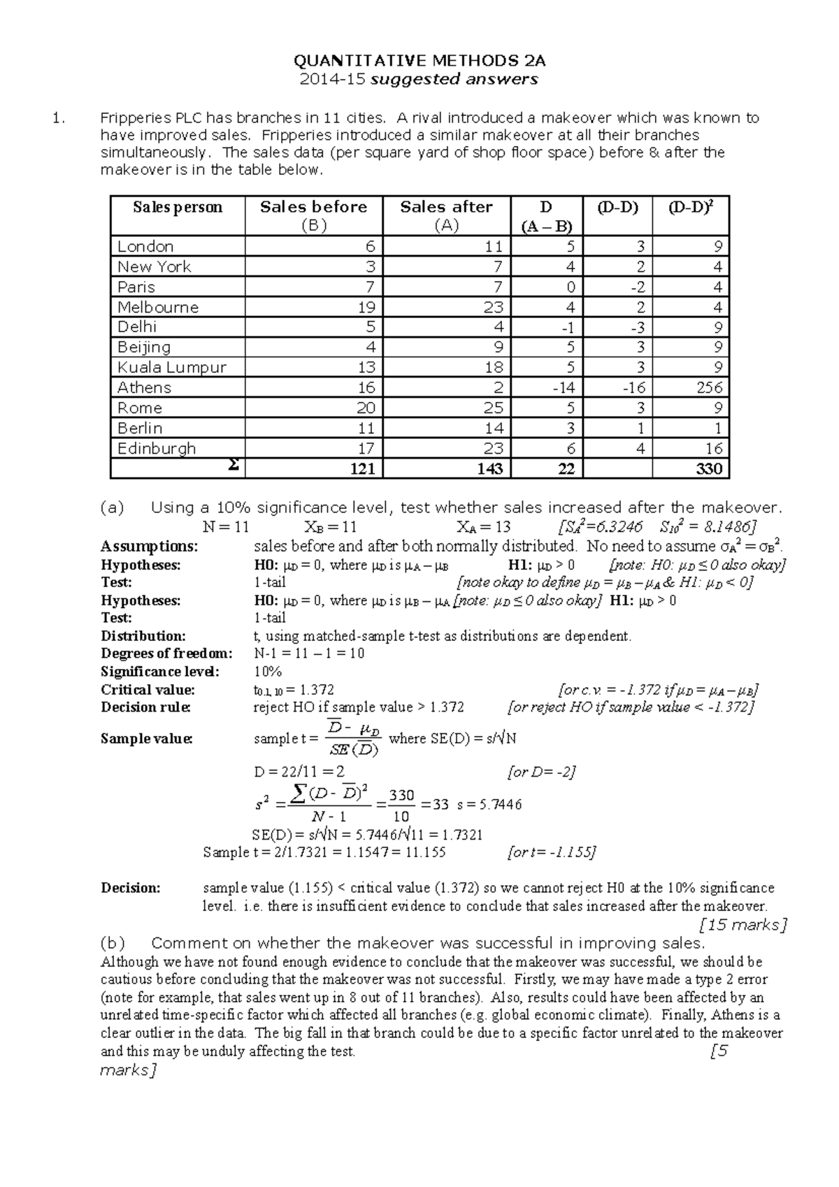 Exam 18 March 2014, answers - QUANTITATIVE METHODS 2A 2014-15 suggested ...