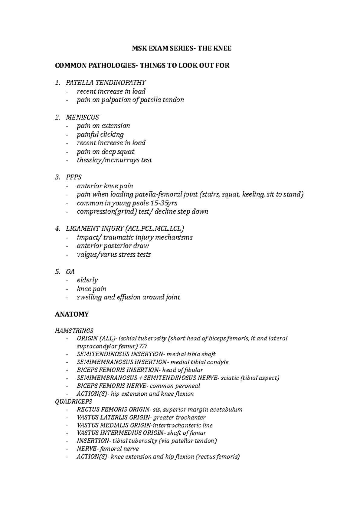 MSK EXAM Series- The knee - MSK EXAM SERIES- THE KNEE COMMON ...