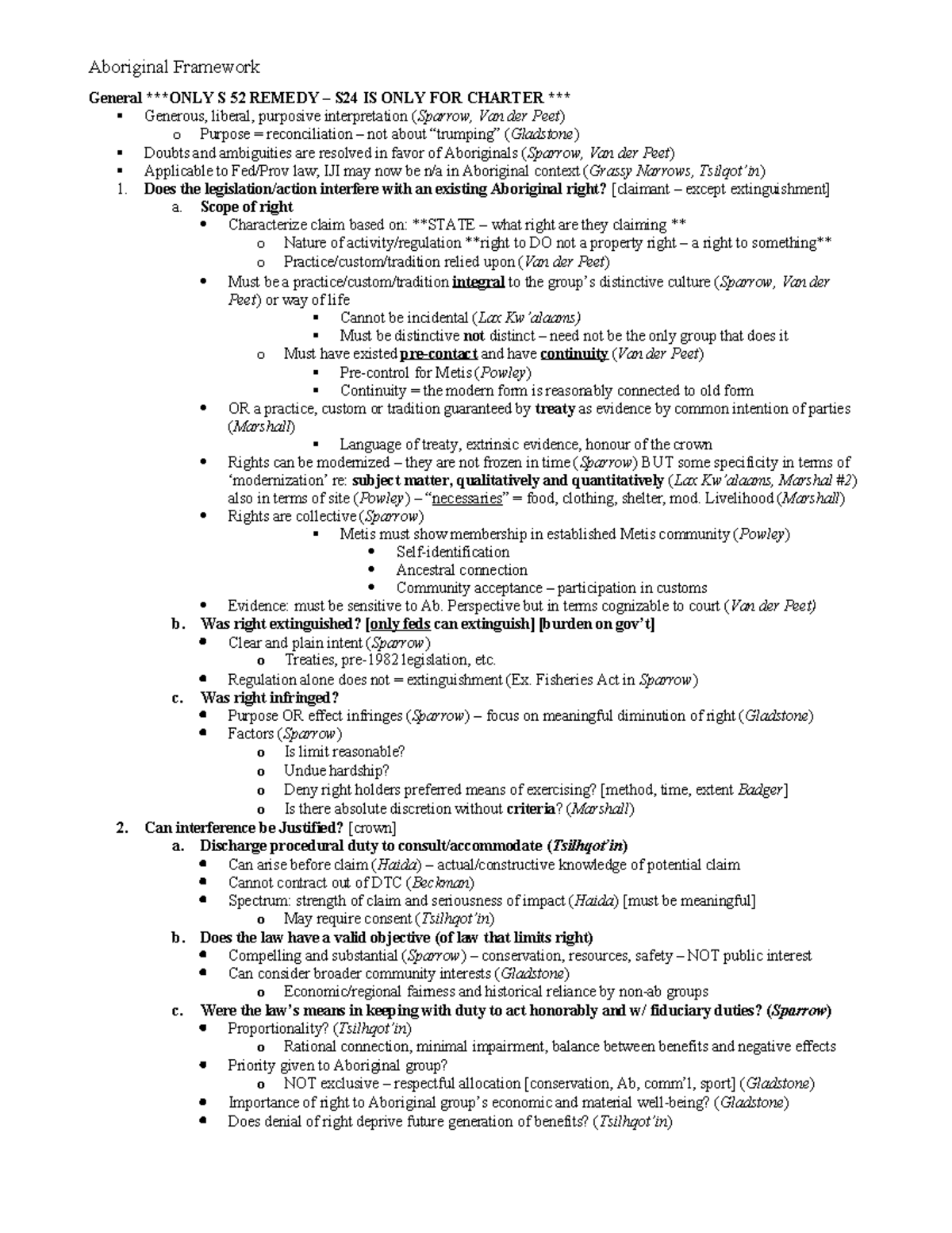 Aboriginal framework law aboriginal framework general only s 52