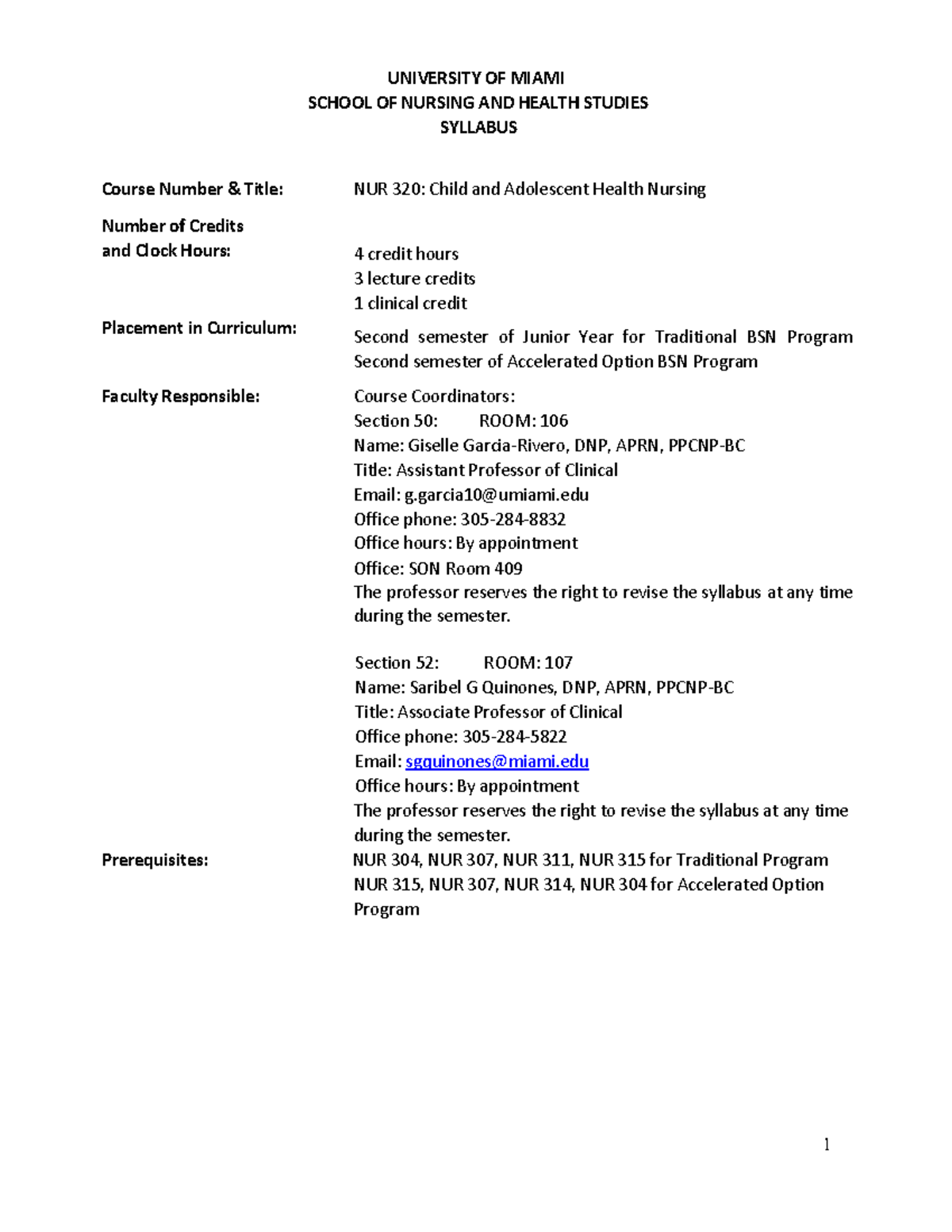 NUR 320 FR-Syllabus.Child and Adolescent Health Nursing. - UNIVERSITY ...