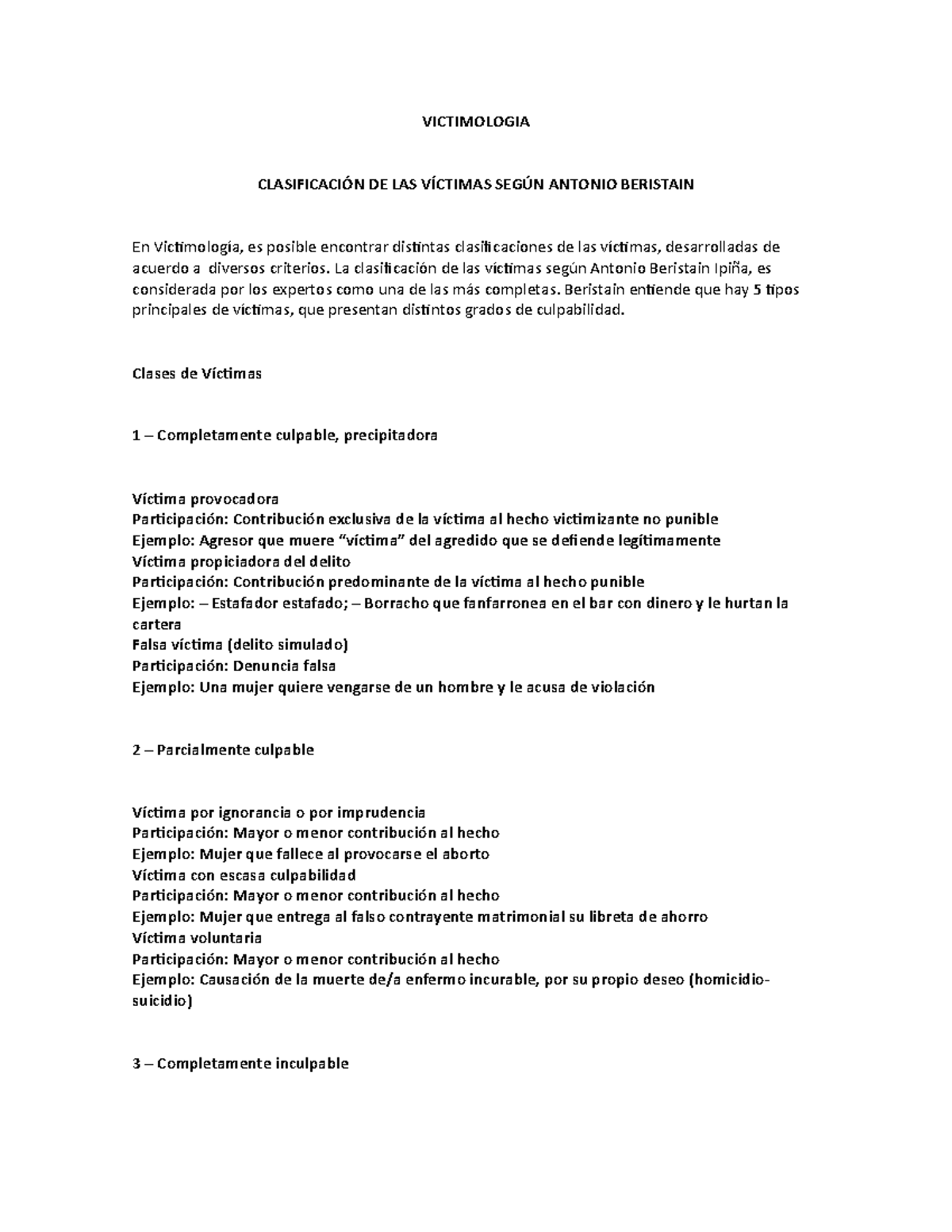 Victimologia - VICTIMOLOGIA CLASIFICACIÓN DE LAS VÍCTIMAS SEGÚN ANTONIO