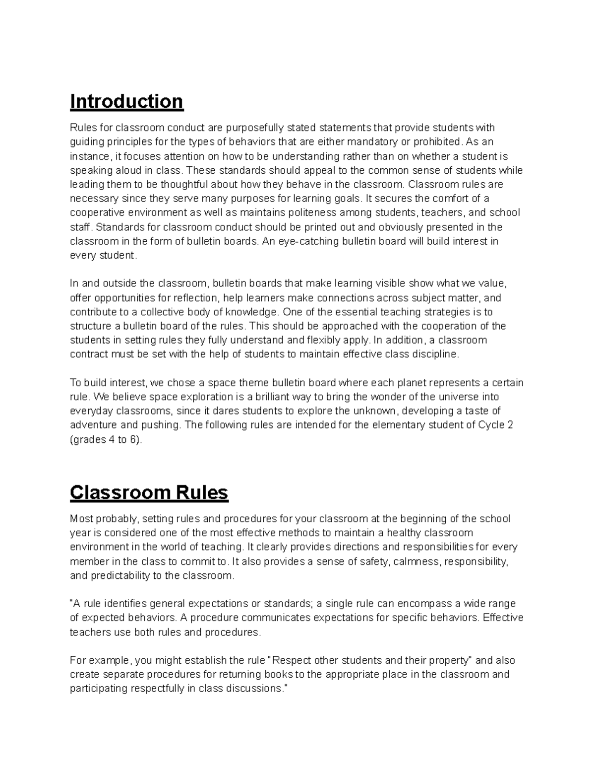 Reflection on Rules for Classroom Conduct Opinion Essay Introduction