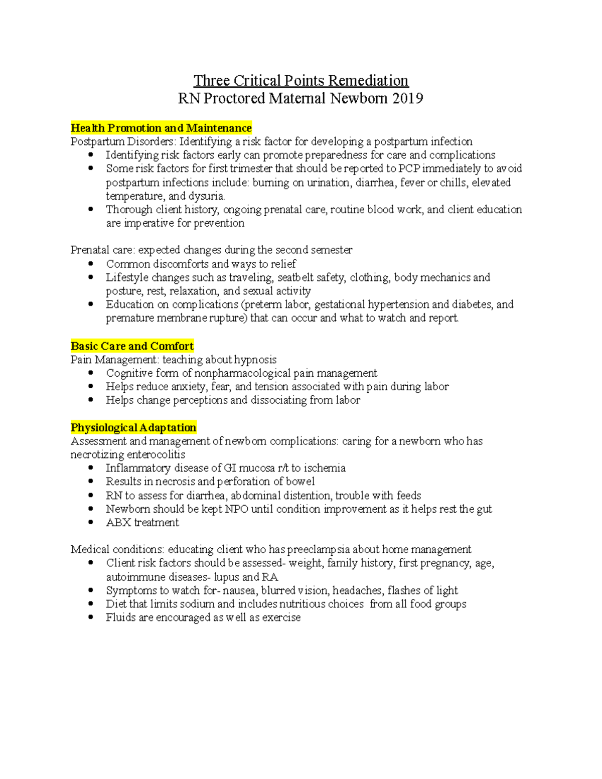 3 Critical Points Remediation- Maternal Newborn - Three Critical Points ...