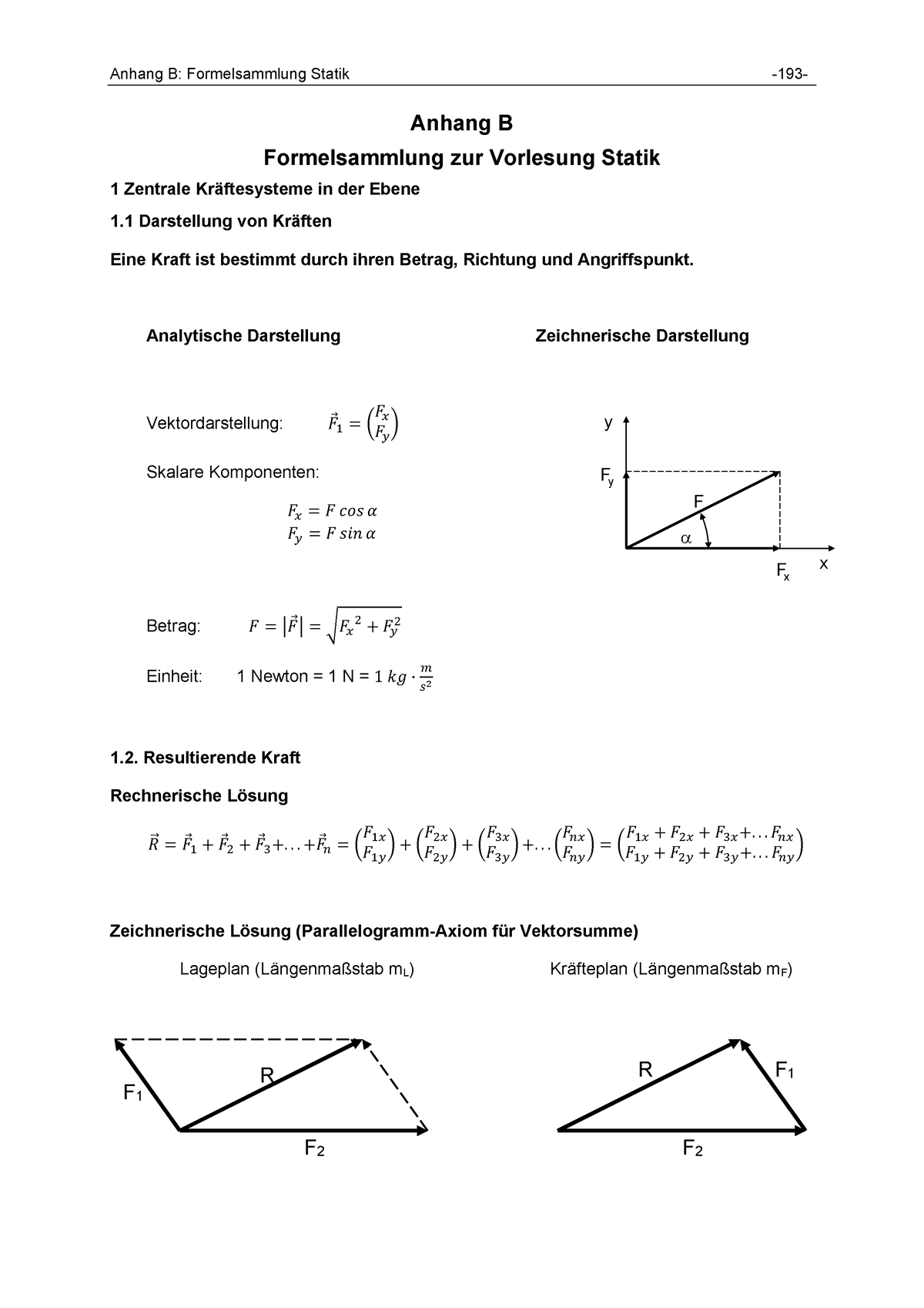 Formelsammlung TM1 - Anhang B: Formelsammlung Statik -193- Anhang B ...