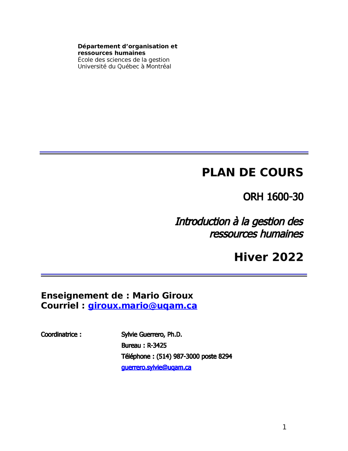 Plan de cours GRH UQAM gr 30 H2022  PLAN DE COURS ORH 1600  30