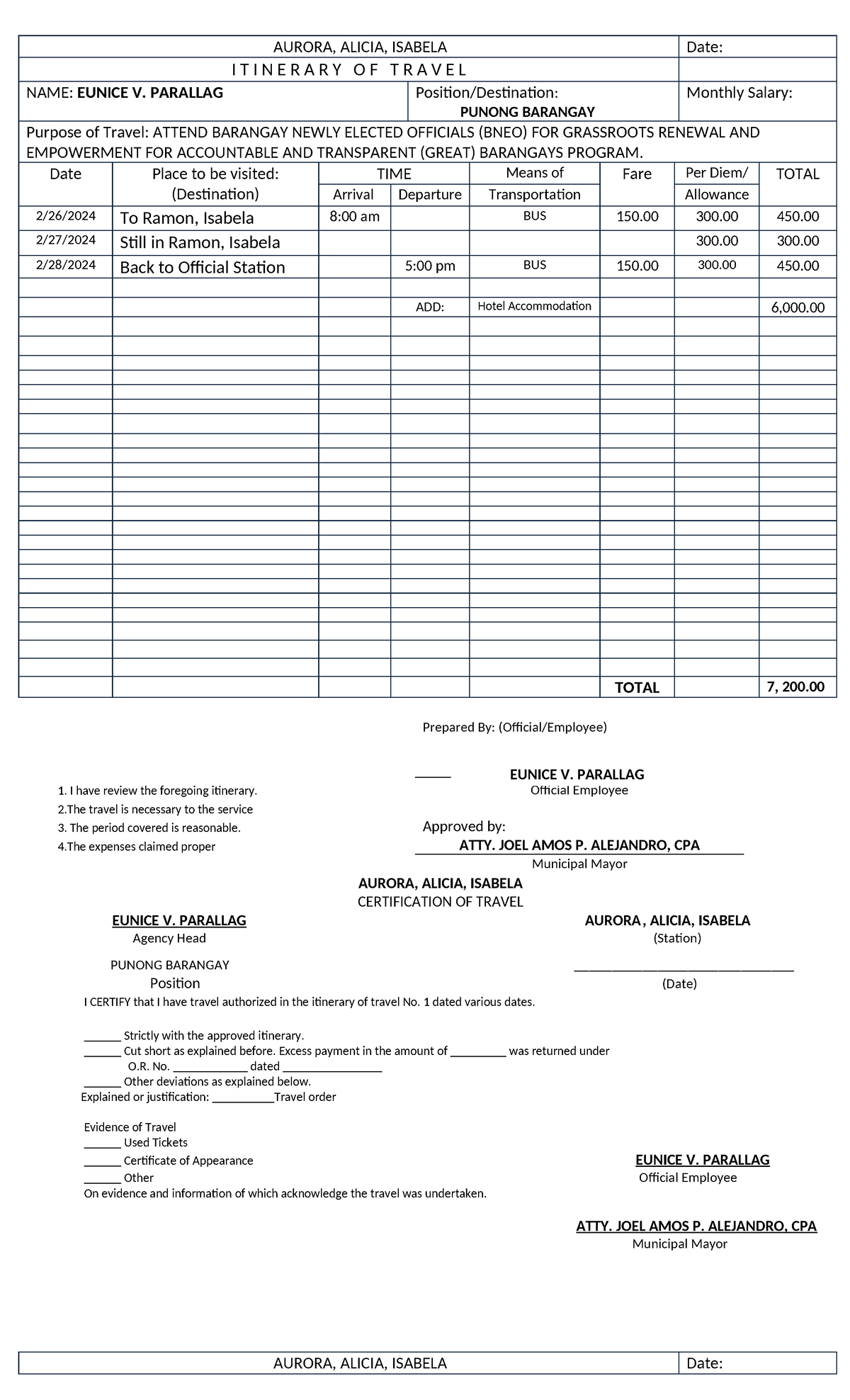 Itinerary- Ramon 2024 - AURORA, ALICIA, ISABELA Date: I T I N E R A R Y ...