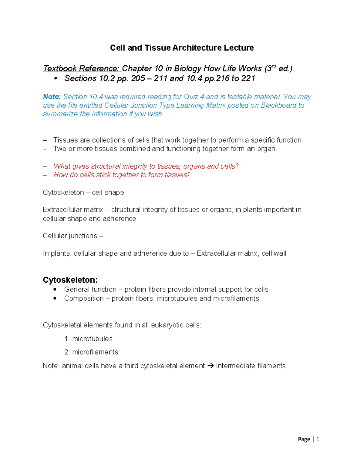 CH10 Cell Form and Function - Cell and Tissue Architecture Lecture ...