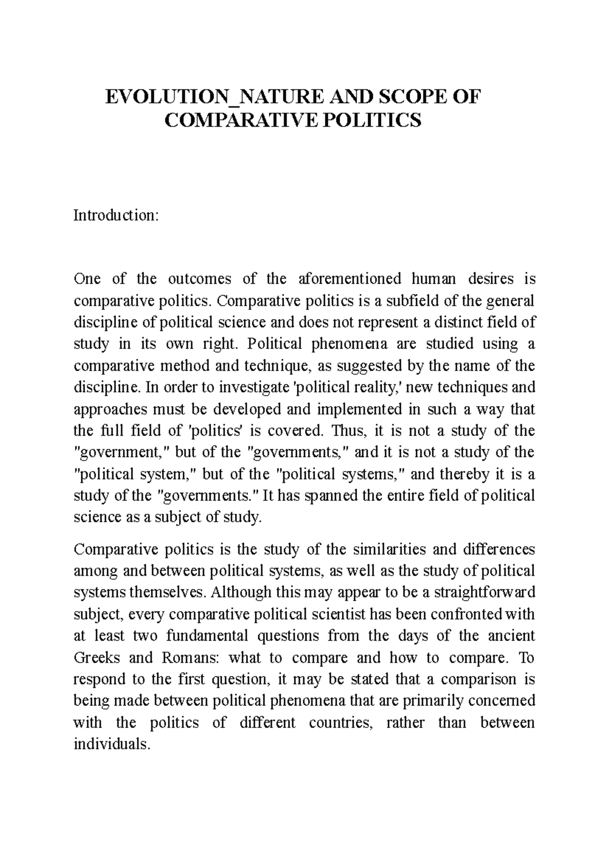 Evolution Nature AND Scope OF Comparative Politics EVOLUTION_NATURE