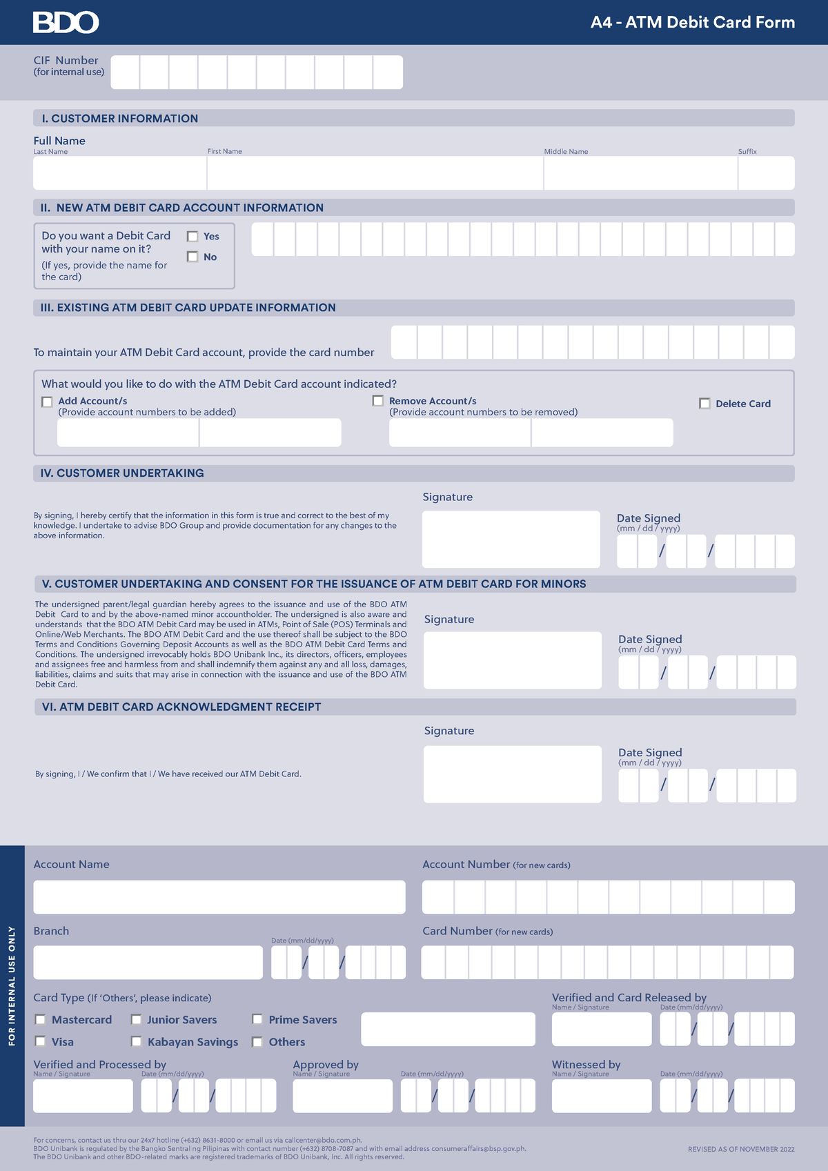 A4 Atm Debit Card Form Reviewr For Internal Use Only Cif Number For Internal Use For 7084