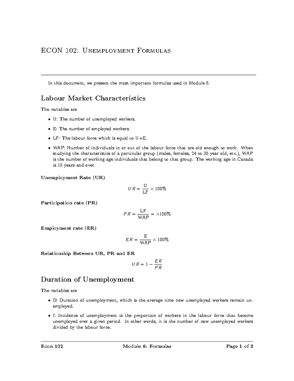 Module 6-formula - formula sheet - Econ 102 - UWaterloo - StuDocu