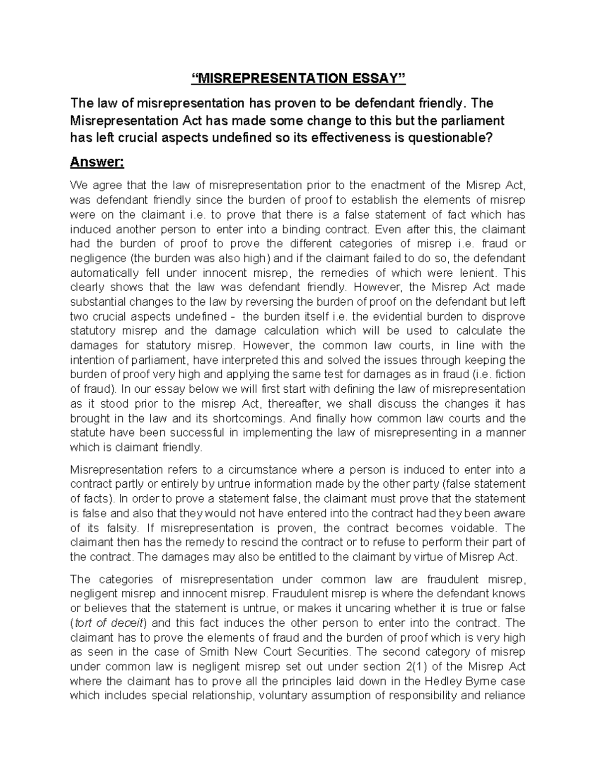 Misrep Essay - “MISREPRESENTATION ESSAY” The law of misrepresentation ...