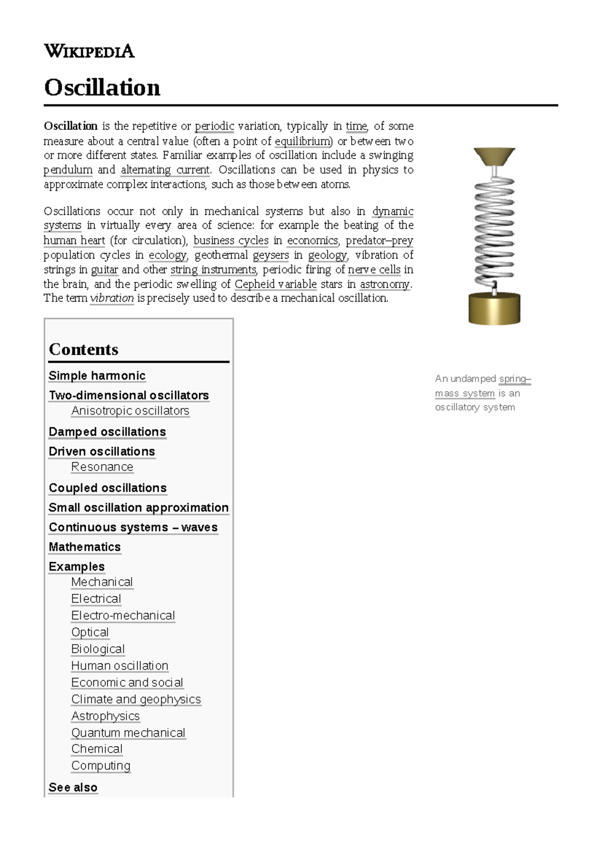 Oscillation - Oscilacion - An undamped spring– mass system is an ...