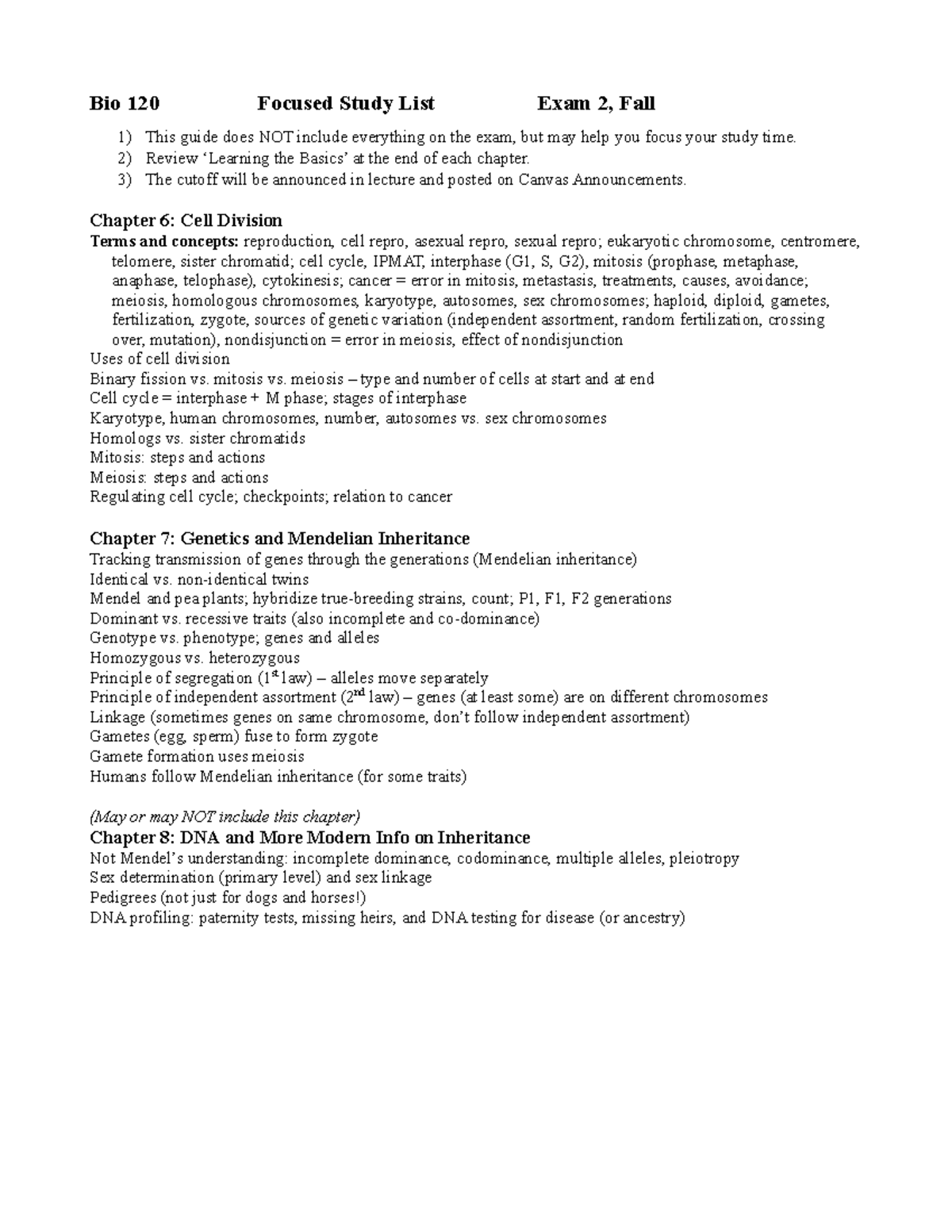 Bio120Study List Fall Ex 2 - Bio 120 Focused Study List Exam 2, Fall ...