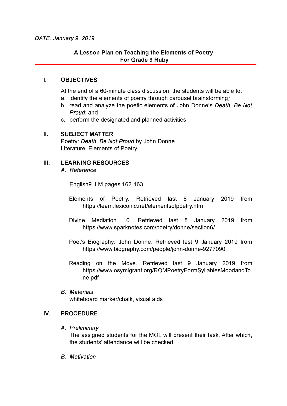 Elements Of Poetry Lesson Plan Grade 7