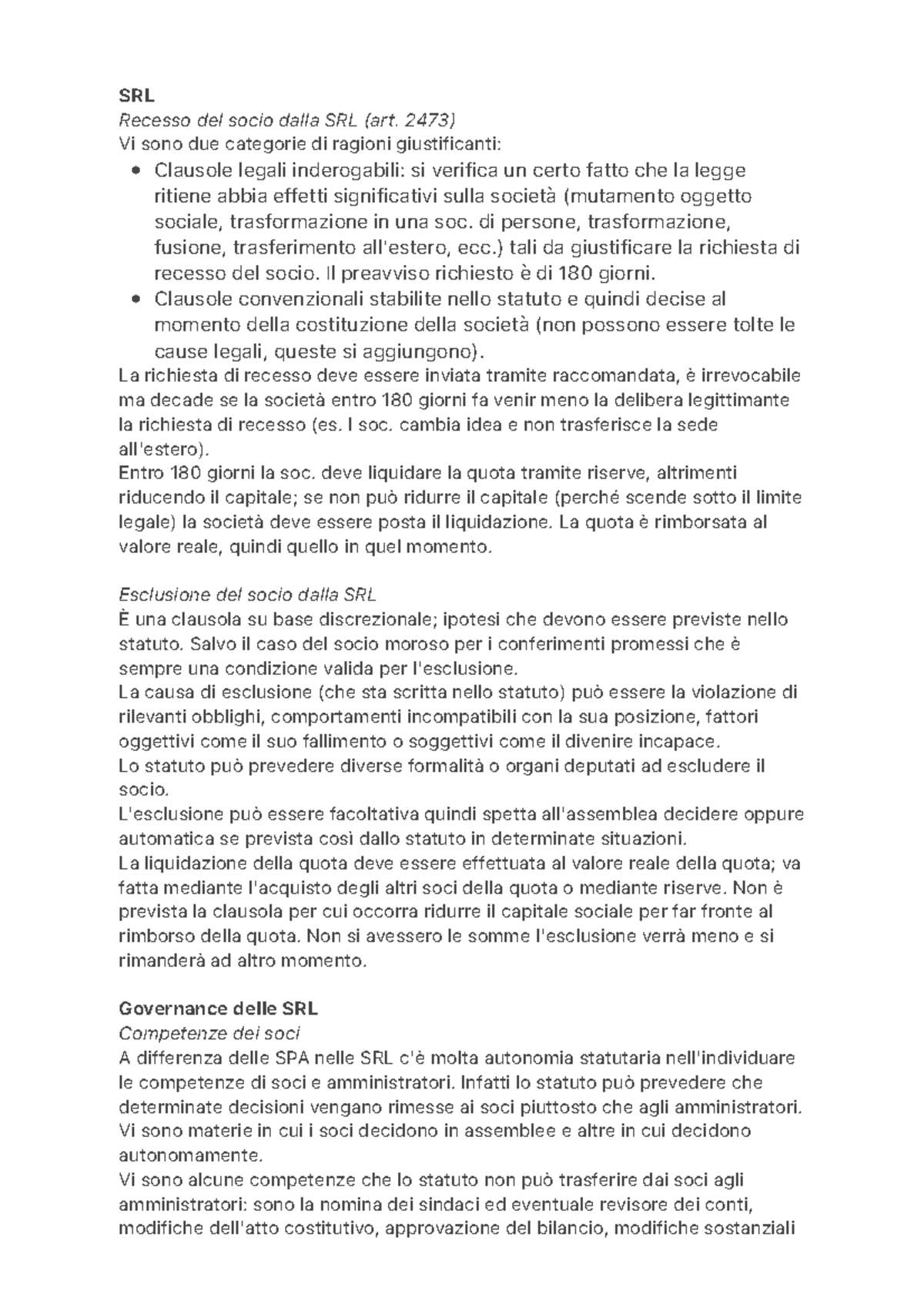 SRL - .... - SRL Recesso Del Socio Dalla SRL (art. 2473) Vi Sono Due ...