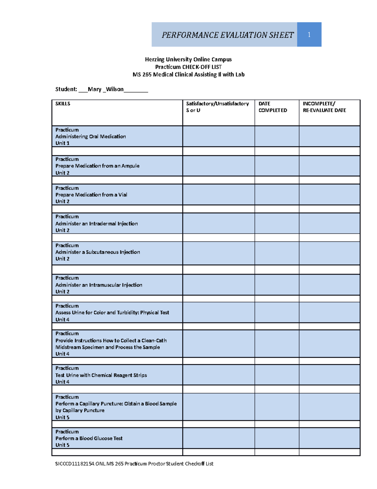 MS 265 Practicum Checkoff List - MC 265 - Studocu