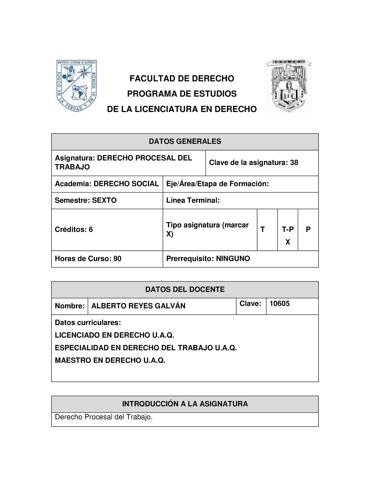 Programa Derecho Laboral Y Procesal - FACULTAD DE DERECHO PROGRAMA DE ...