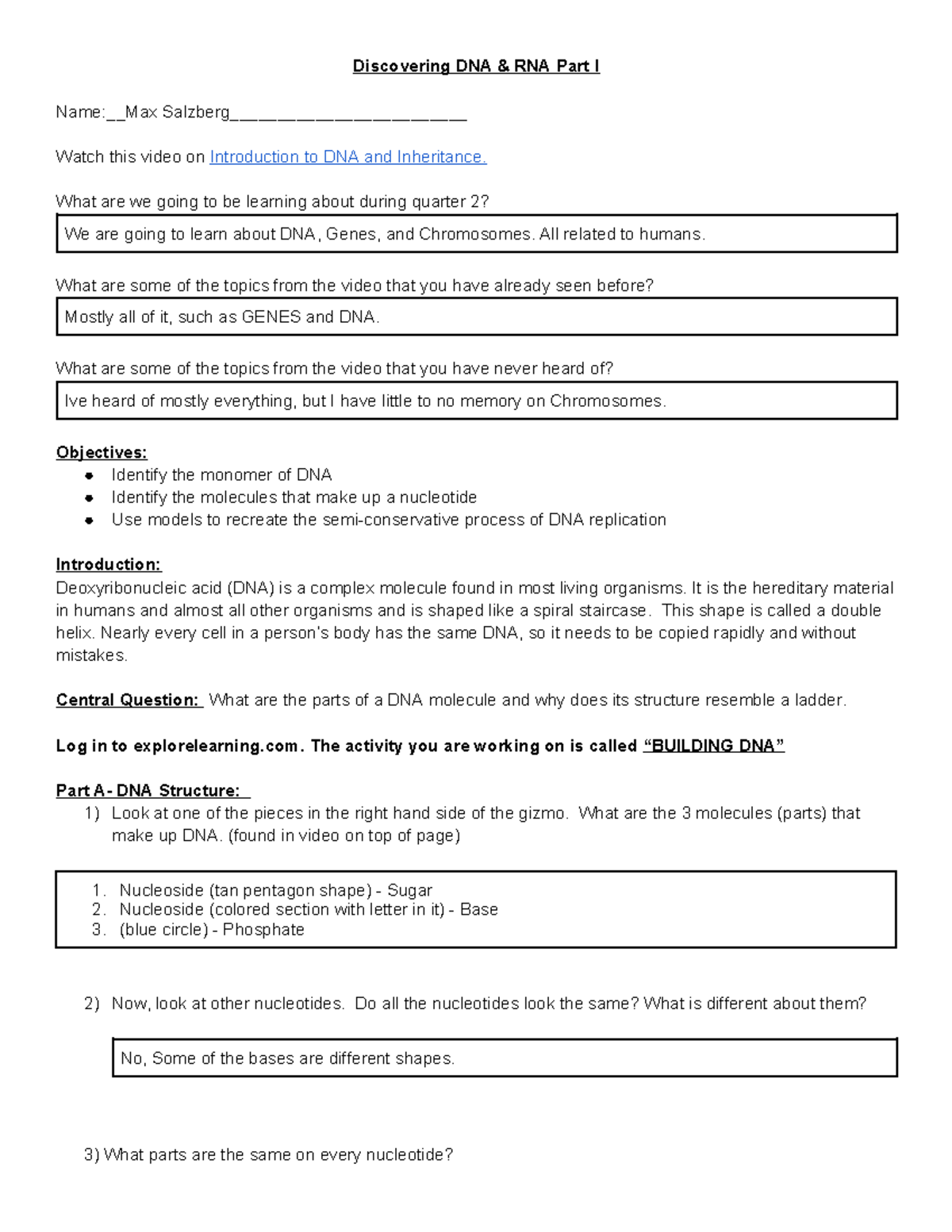 DNA RNA Discovery (gizmo version) part 1 ACC - Discovering DNA & RNA ...
