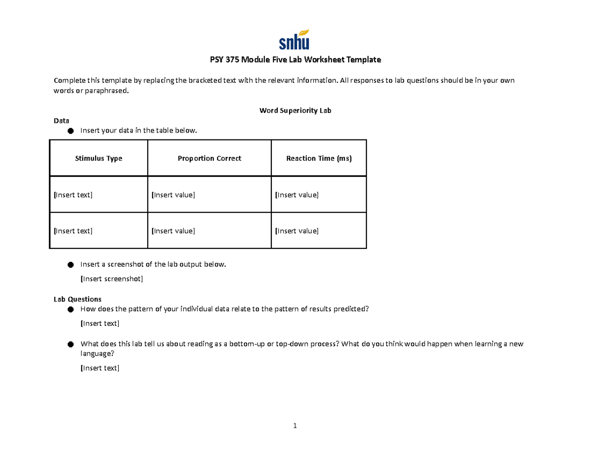 PSY 375 Module Five Lab Worksheet Template - PSY 375 Module Five Lab ...