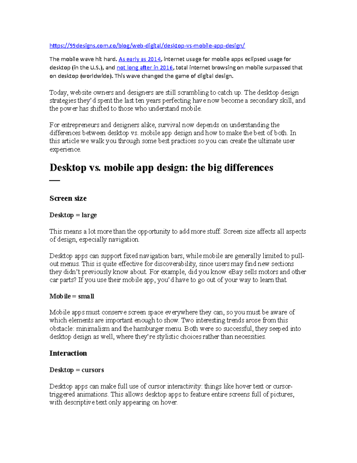 Desktop vs mobile app design The