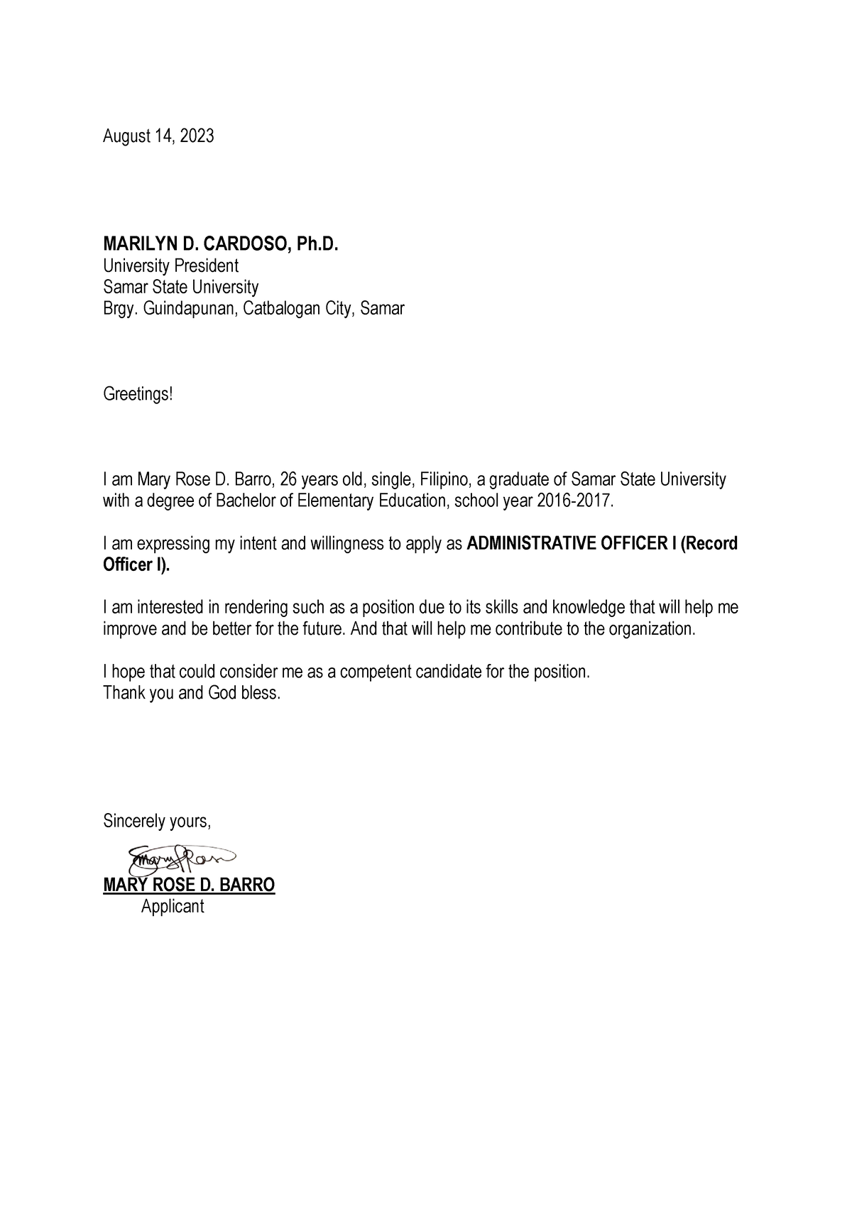 application letter for the post of president in college