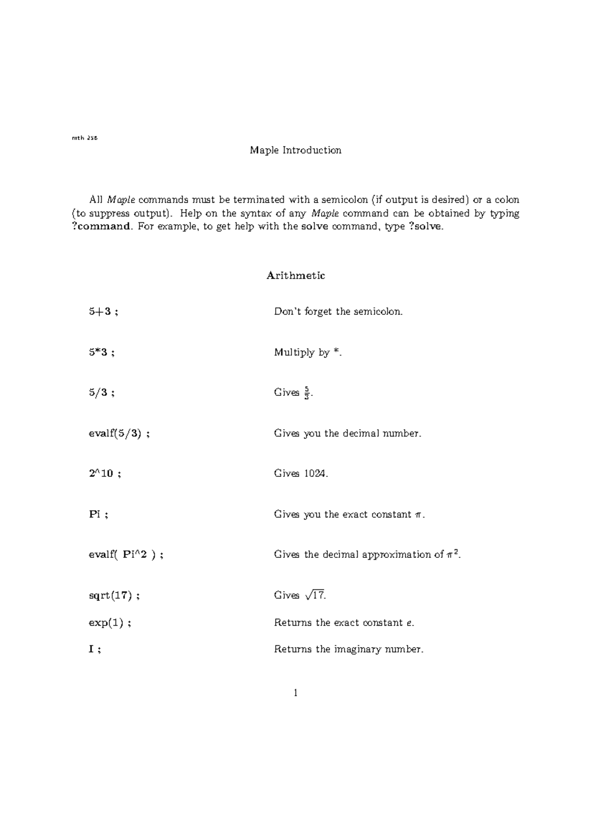 Maple Introduction Notes - mth 256 Maple Introduction All Maple ...