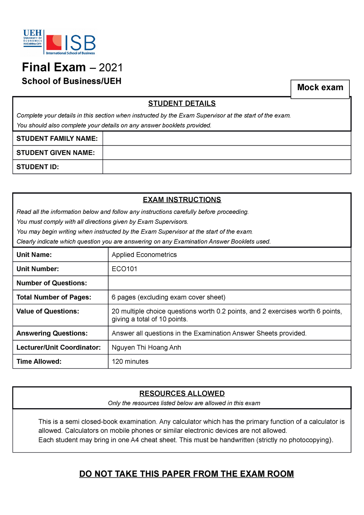 2021 BBUS AE Mock Exam- Demo For Final Exam - Final Exam – 2021 School ...