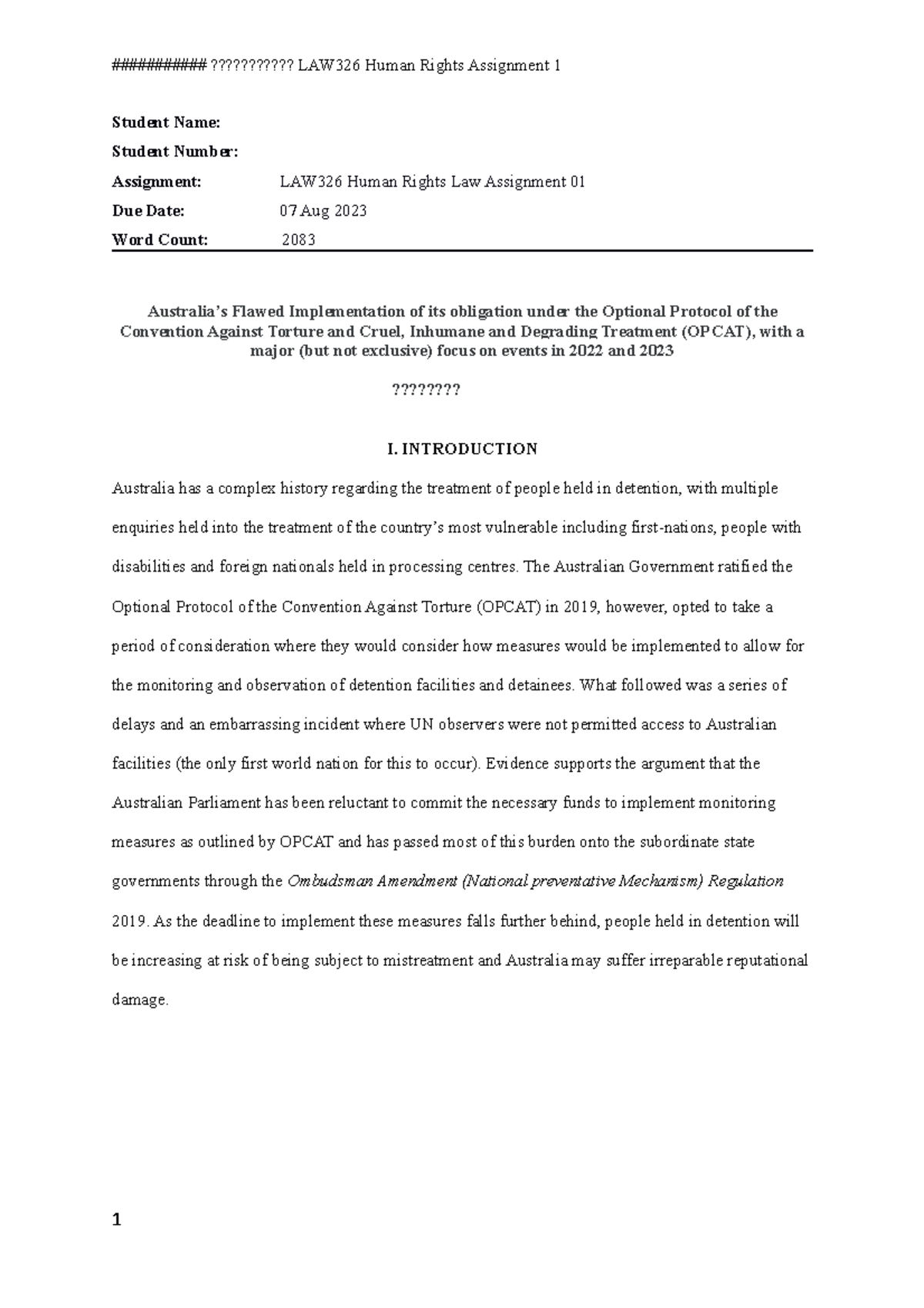 Human Rights Law Comments Assignment 1 copy - Student Name: Student ...
