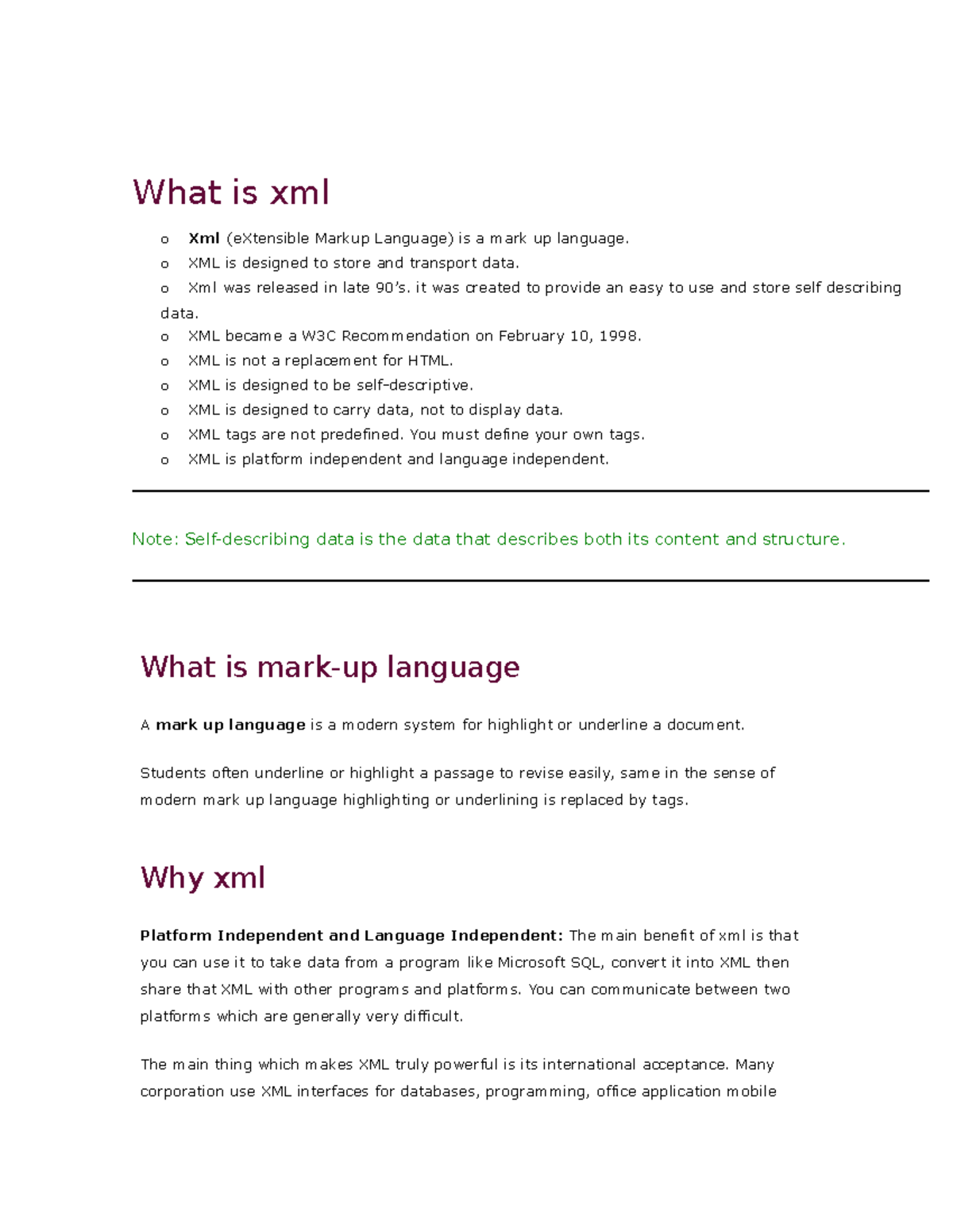 XML - these notes are on xml - What is xml o Xml (eXtensible Markup ...
