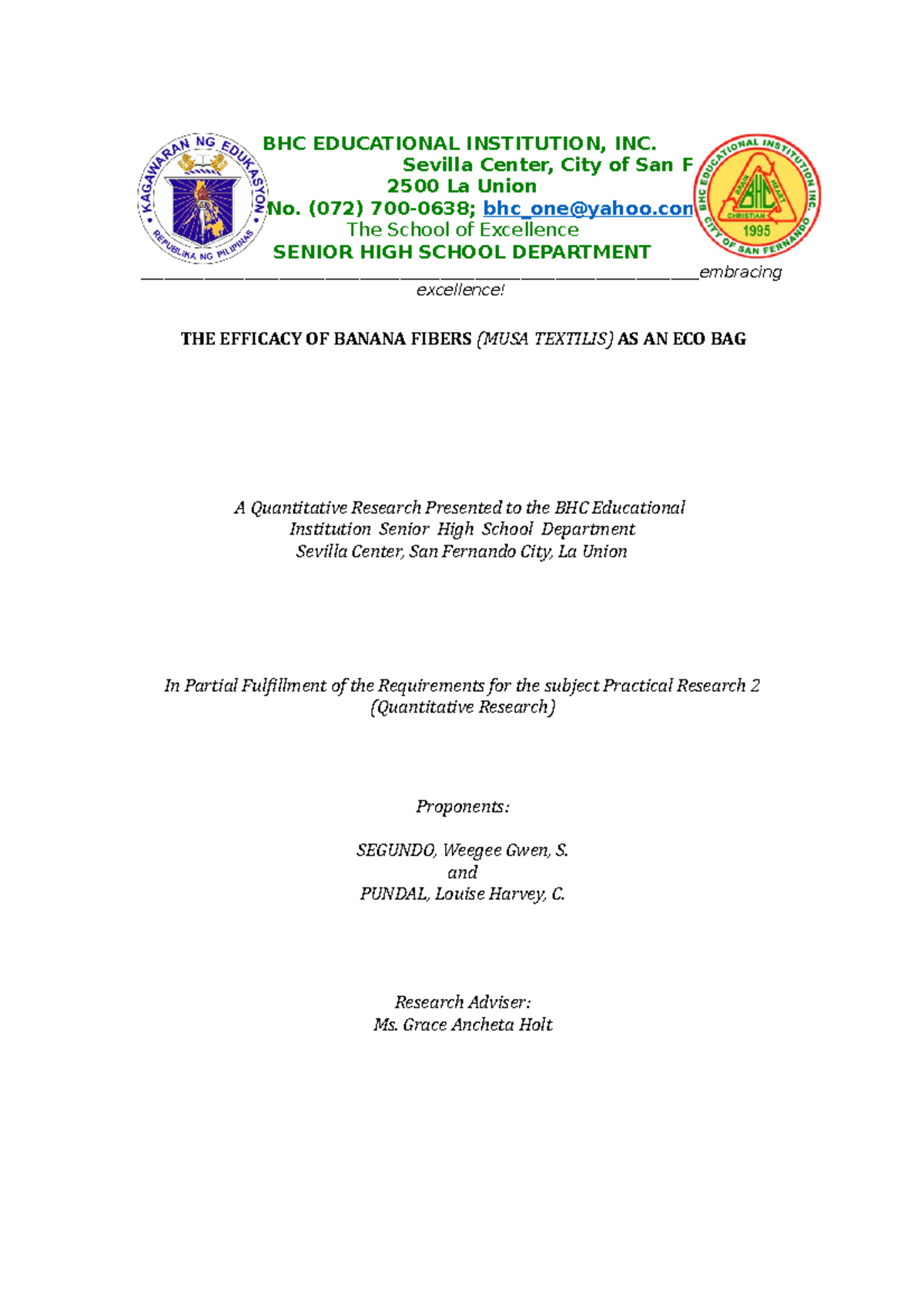 Segundo Pundal - Sample Investigatory Project with Chapters 1-3 - BHC ...