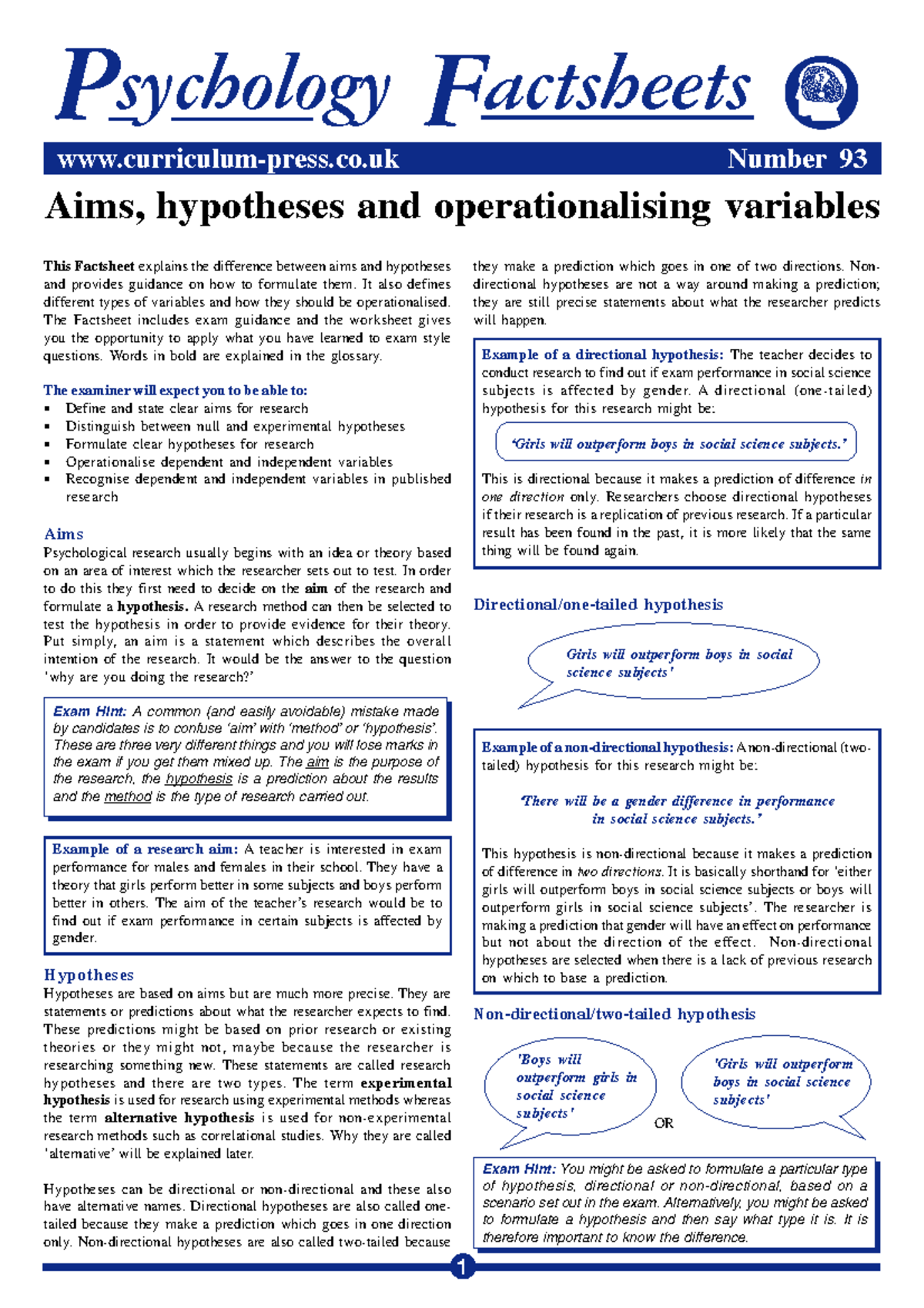 1.2.1 Aims and Hypotheses Factsheet No 93 - 1 Aims, hypotheses and ...